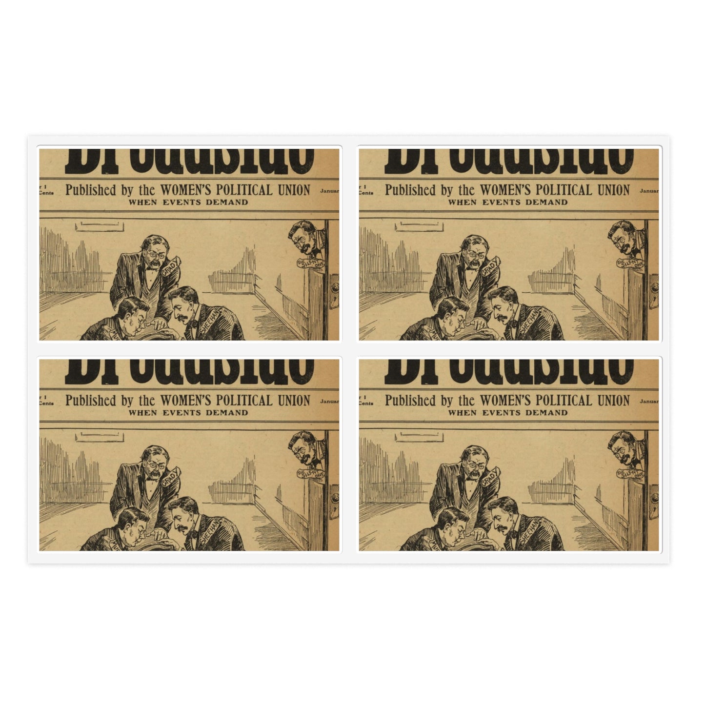 Votes for Women Broadside with graphic of men rocking cradle Laminated UV Protective Vinyl Stickers