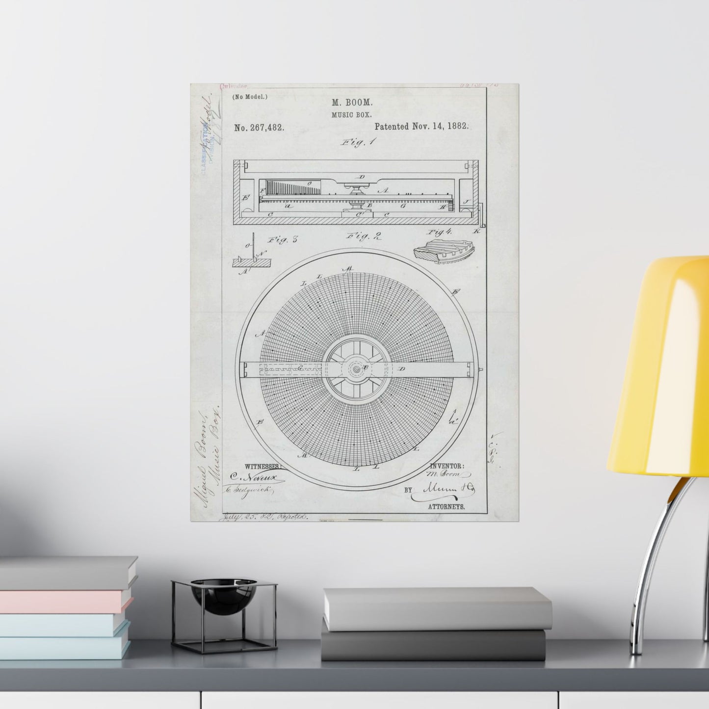 Patent Drawing of Engine - for M. Boom's Music Box Public domain image High Quality Matte Wall Art Poster for Home, Office, Classroom