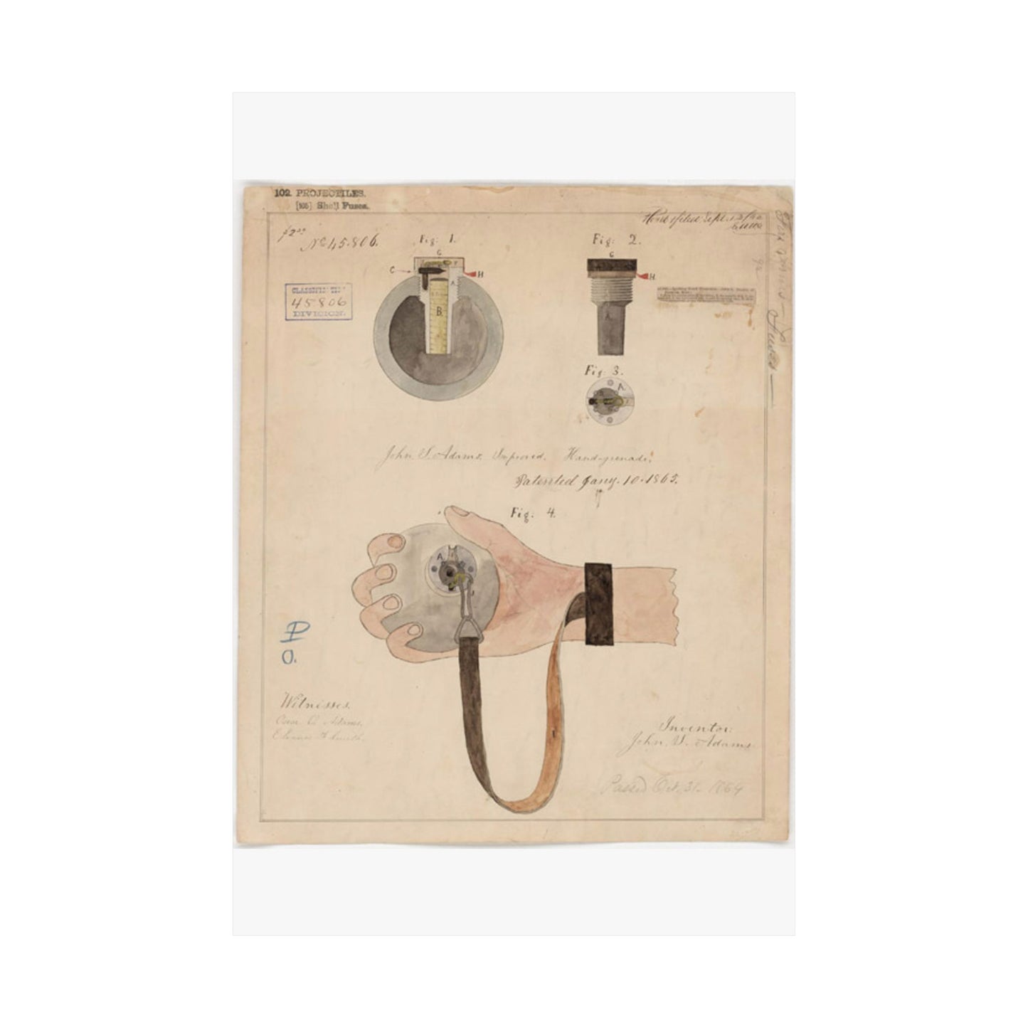 Patent drawing - Drawing of Improved Hand Grenade Public domain image High Quality Matte Wall Art Poster for Home, Office, Classroom