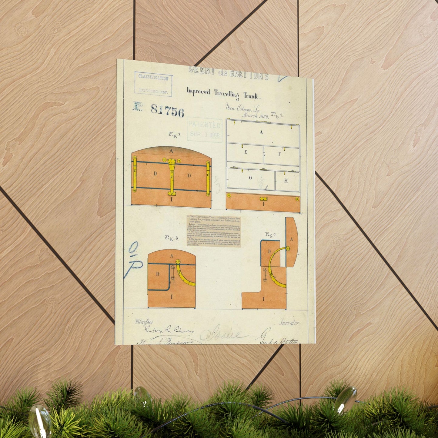 Patent drawing - Drawing of an Improved Traveling Trunk Public domain image High Quality Matte Wall Art Poster for Home, Office, Classroom