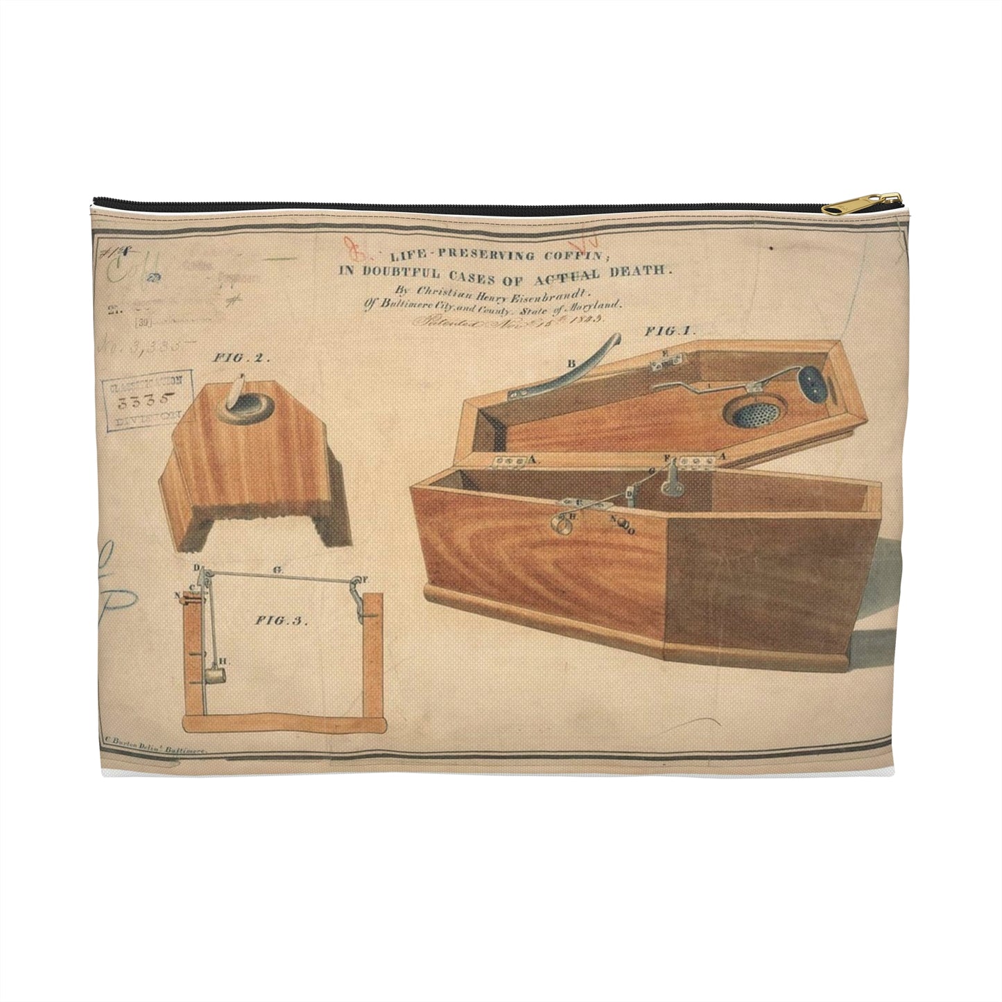 Patent drawing - Drawing for a Life - Preserving Coffin Public domain image Large Organizer Pouch with Black Zipper
