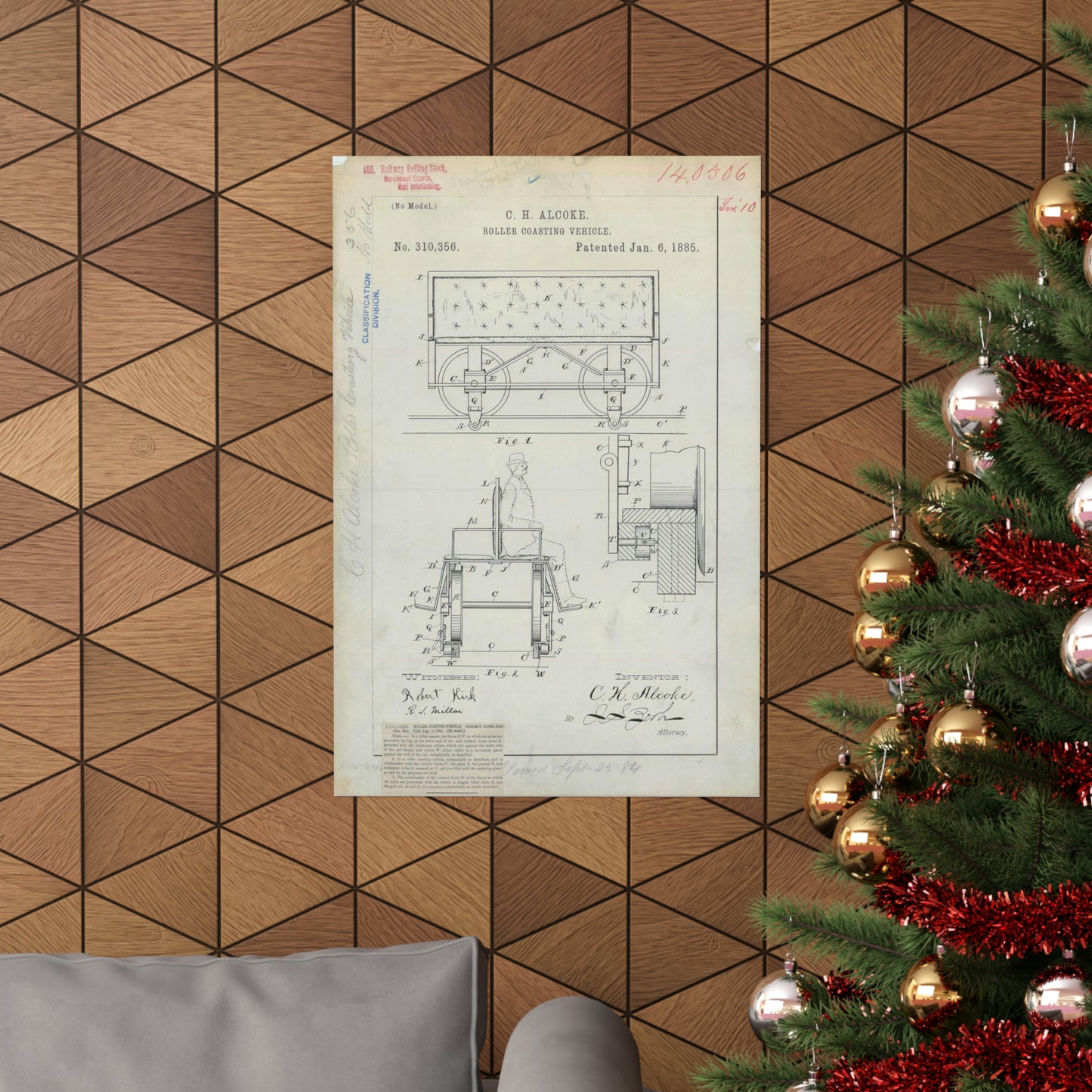 Patent Drawing of Engine - for C. H. Alcoke's Roller Coasting Vehicle Public domain image High Quality Matte Wall Art Poster for Home, Office, Classroom