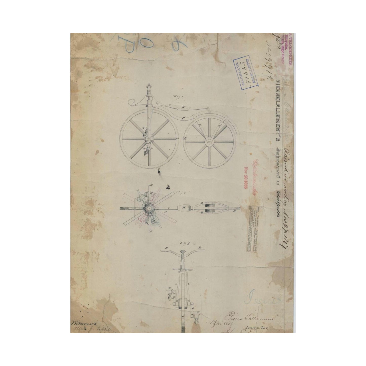 Patent drawing - for Pierre Lallement's Improvement in Velocipedes Public domain image High Quality Matte Wall Art Poster for Home, Office, Classroom