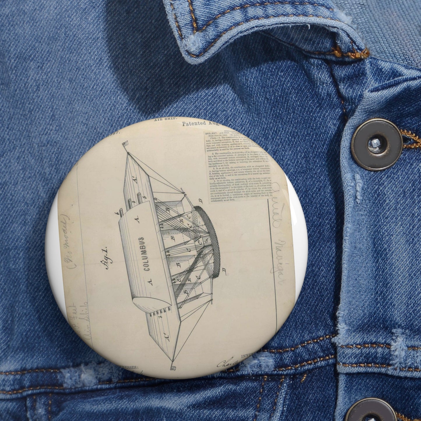Patent drawing - for C. P. Fest's Air Ship Public domain image Pin Buttons with Crisp Design