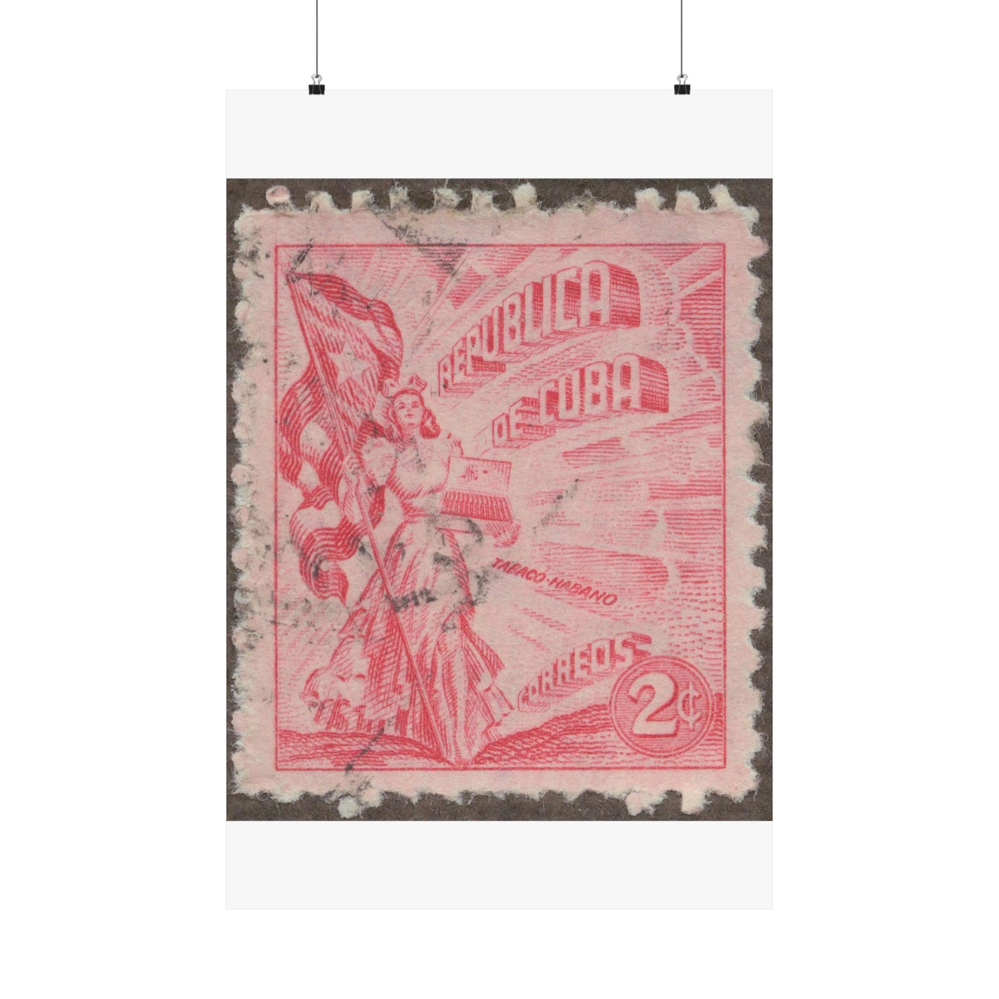 Frimärke ur Gösta Bodmans filatelistiska motivsamling, påbörjad 1950.Frimärke från Cuba, 1948. Motiv av kvinnosymbol för friheten med cigrarrlåda och flagga. High Quality Matte Wall Art Poster for Home, Office, Classroom