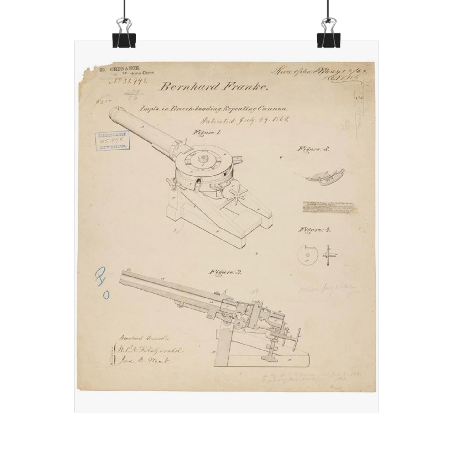 Patent drawing - Drawing of Improvements in Breech-Loading Repeating Cannon Public domain image High Quality Matte Wall Art Poster for Home, Office, Classroom