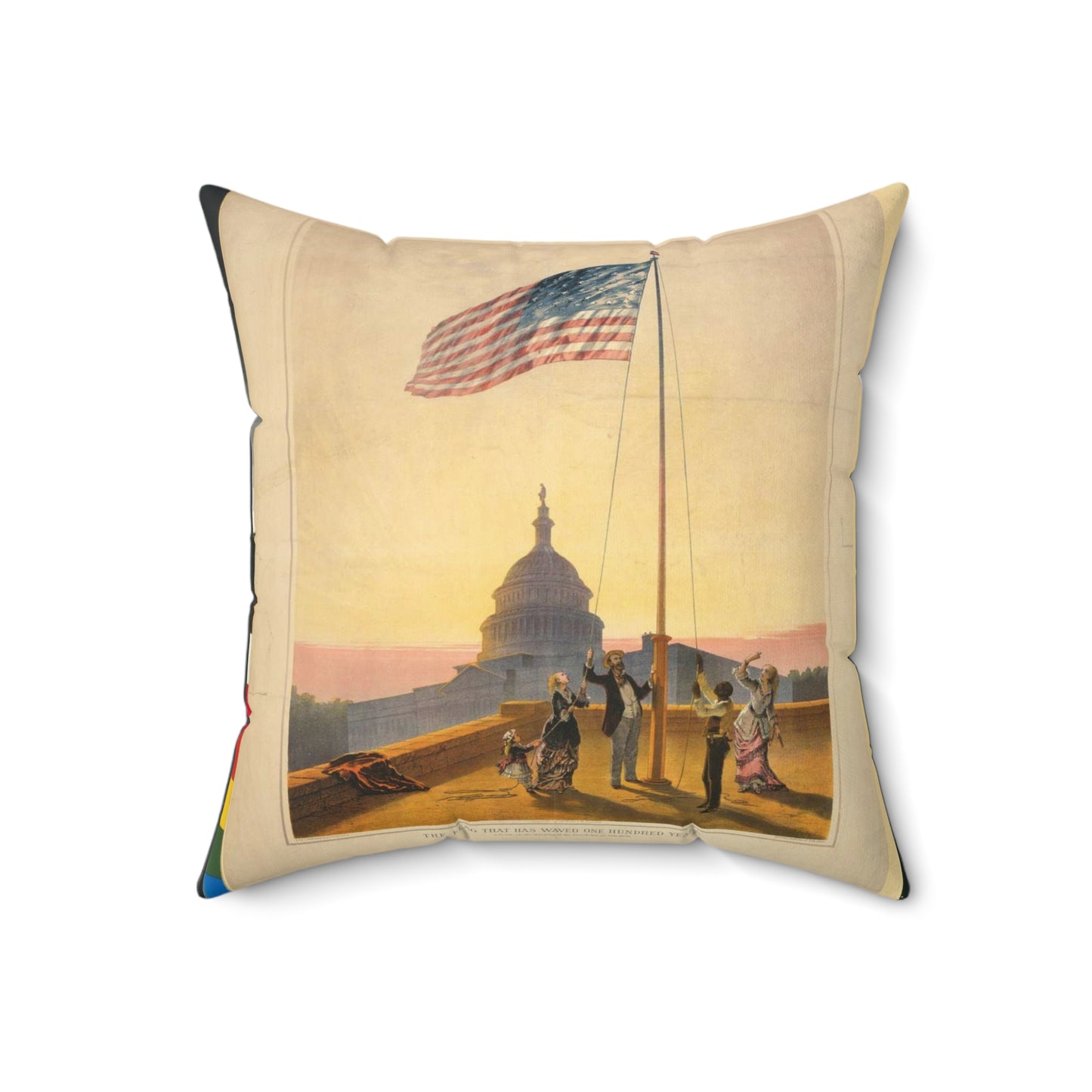 The flag that has waved one hundred years--A scene on the morning of the fourth day of July 1876 / Fabronius ; E.P. & L. Restein's oilchromo, Philadelphia. ; National Chromo Co. pub., Philadelphia. Decorative Accent Square Pillow