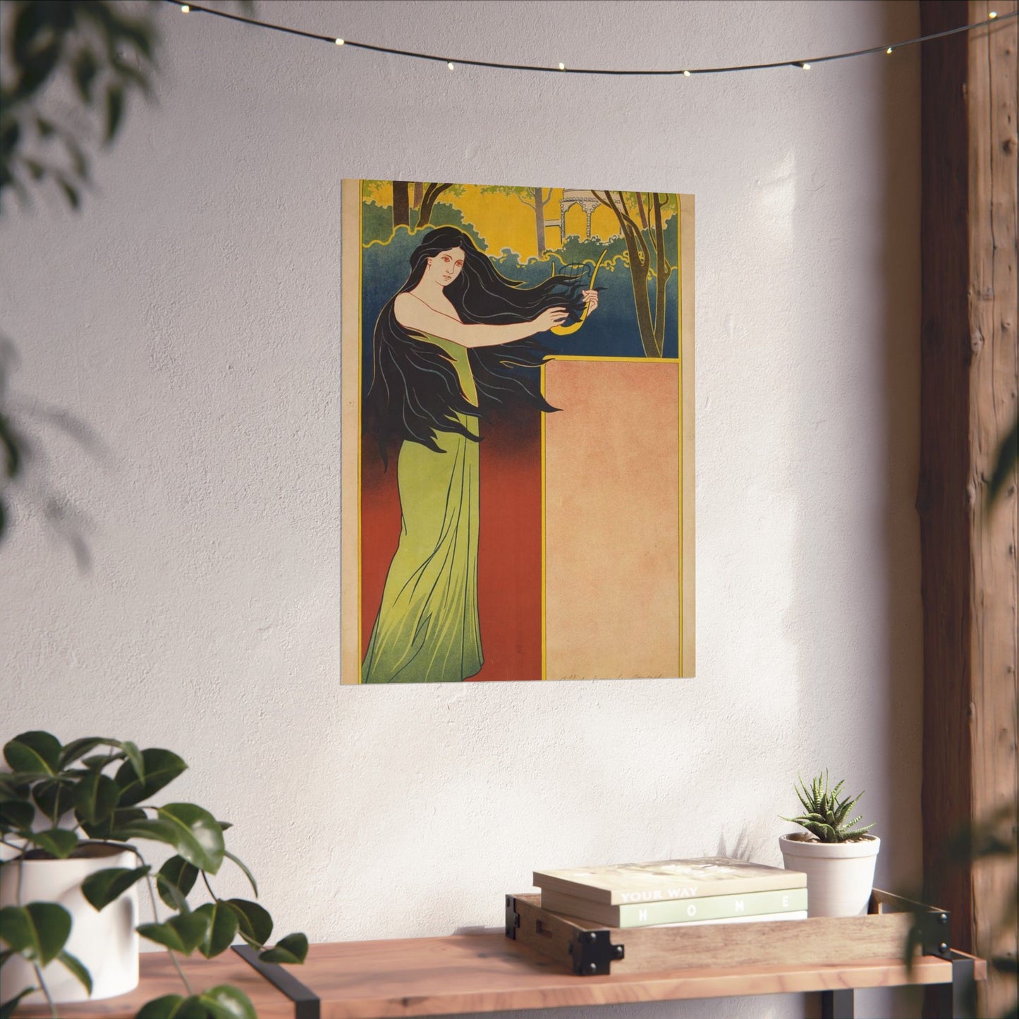 A painting of a woman with long black hair. Vintage art deco, beauty fashion. High Quality Matte Wall Art Poster for Home, Office, Classroom