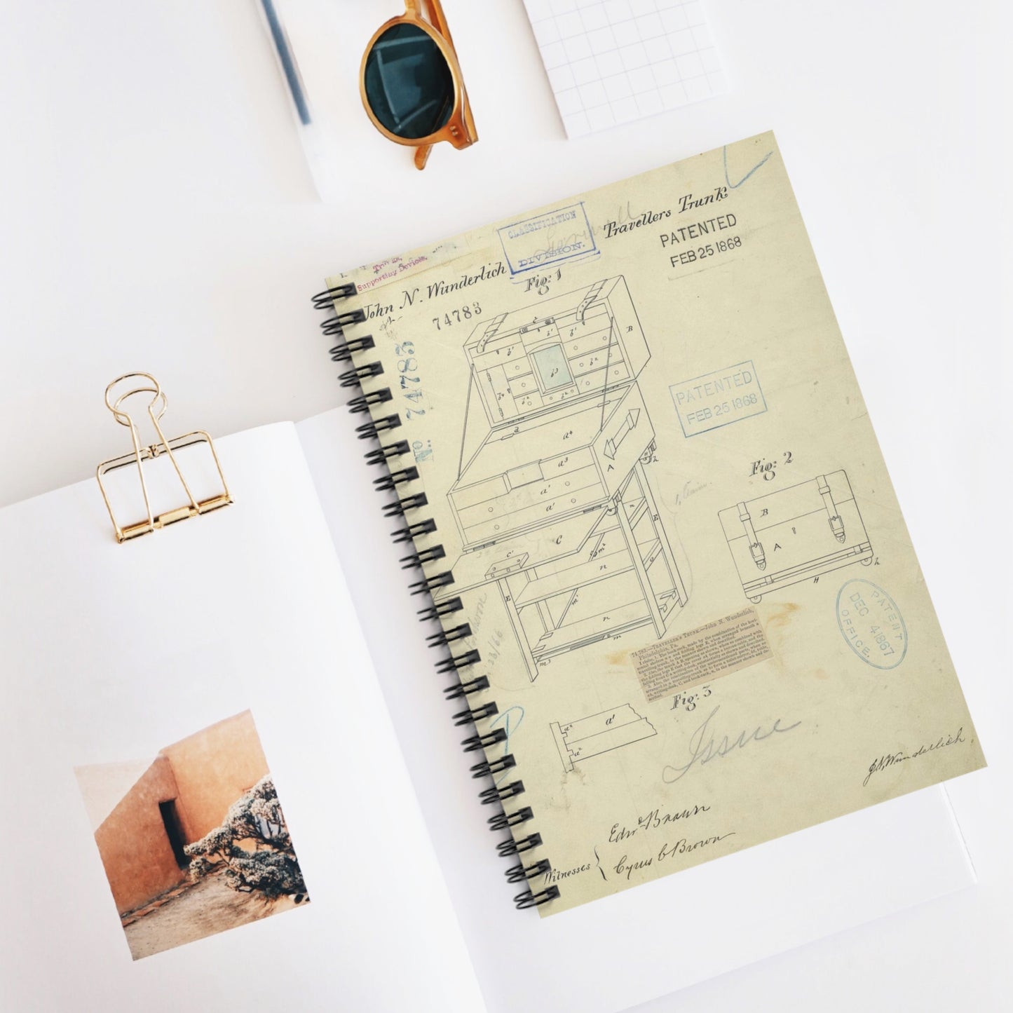 Patent Drawing of Engine - Drawing of a Travelers Trunk Public domain image Spiral Bound Ruled Notebook with Printed Cover