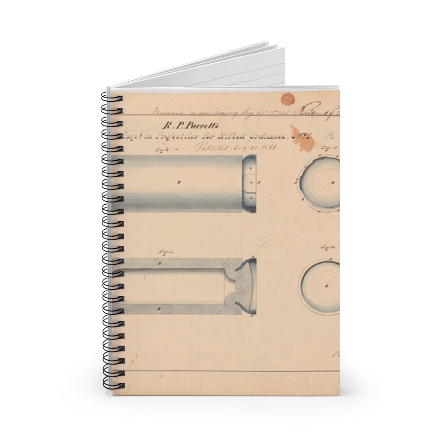 Patent drawing - Drawing of Improvement in Projectiles for Rifled Ordnance Public domain image Spiral Bound Ruled Notebook with Printed Cover