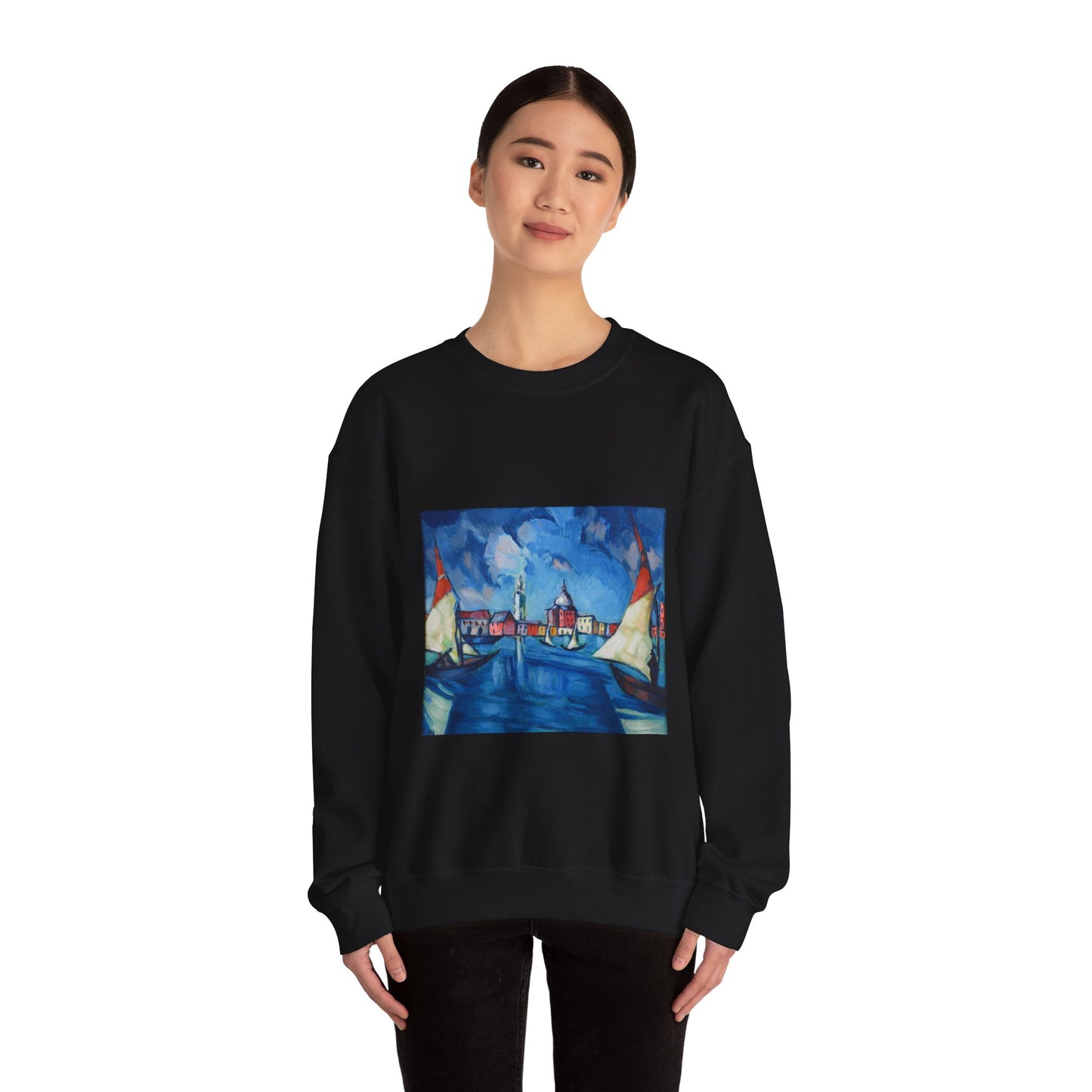 Magi veneetsia - A painting of boats in a harbor with buildings in the background Black Heavy Blend Adult Crew Neck SweatShirt