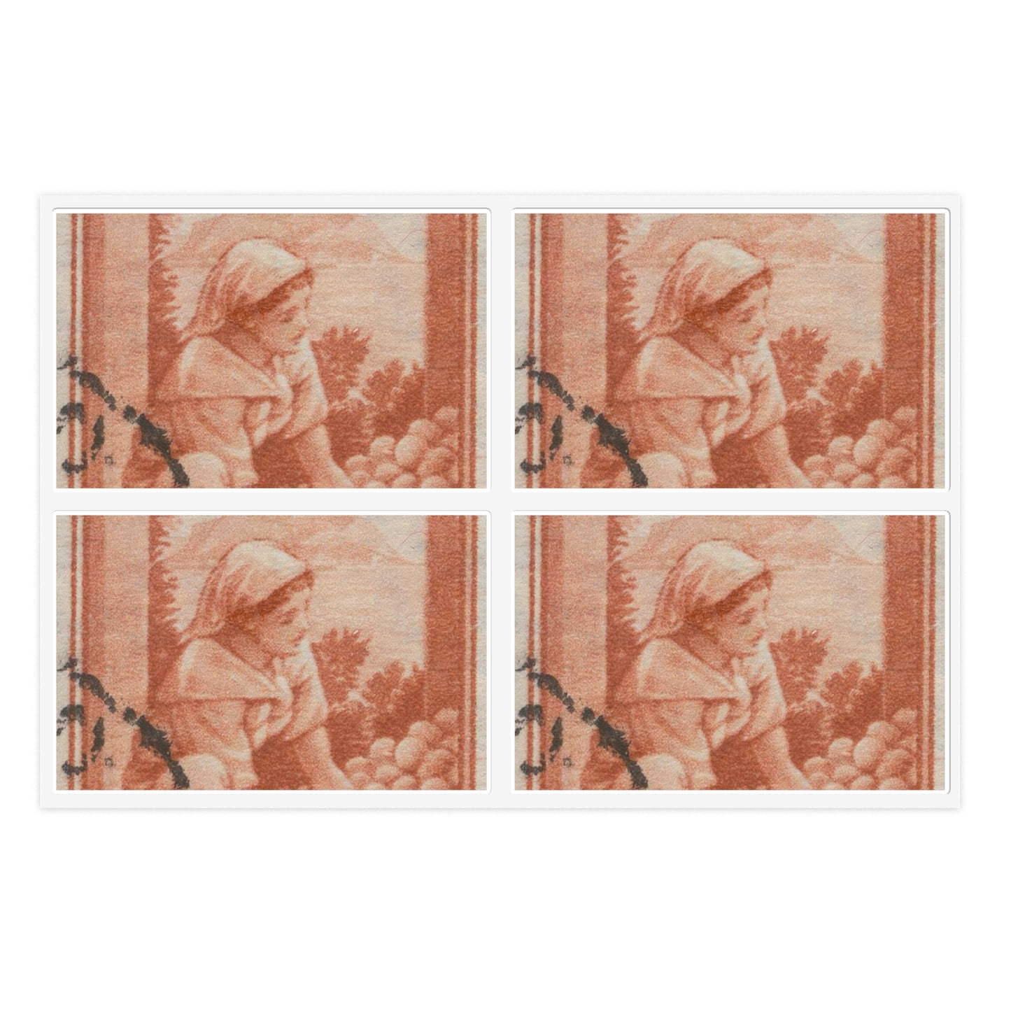 Frimärke ur Gösta Bodmans filatelistiska motivsamling, påbörjad 1950.Frimärke från Italien, 1950. Motiv av apelsinskörd på Sicilien. Laminated UV Protective Vinyl Stickers