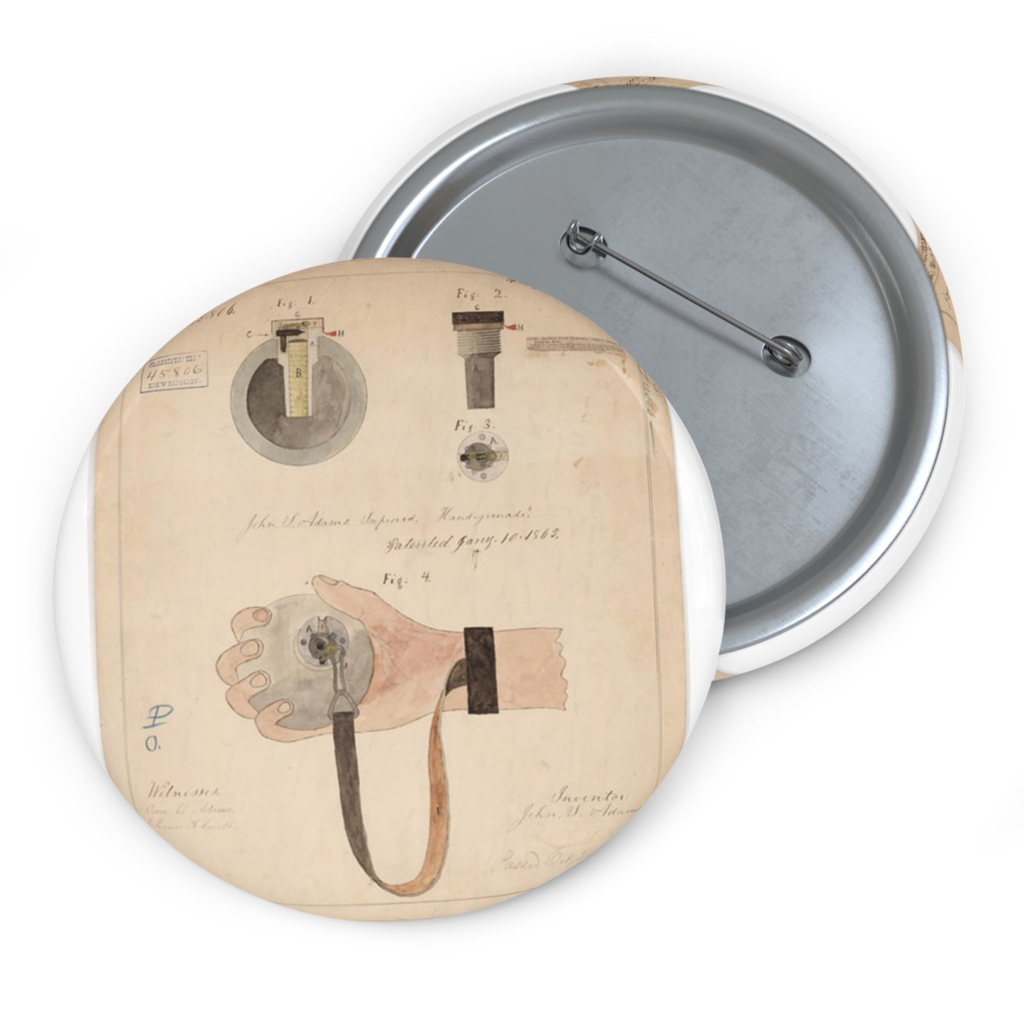 Patent drawing - Drawing of Improved Hand Grenade Public domain image Pin Buttons with Crisp Design