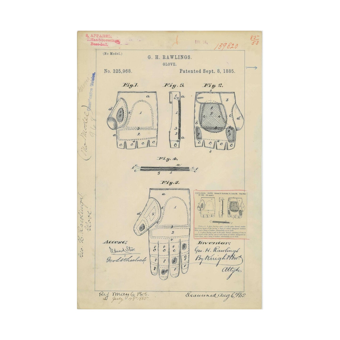 Patent drawing - Drawing for a "Base Ball Glove" Public domain image High Quality Matte Wall Art Poster for Home, Office, Classroom