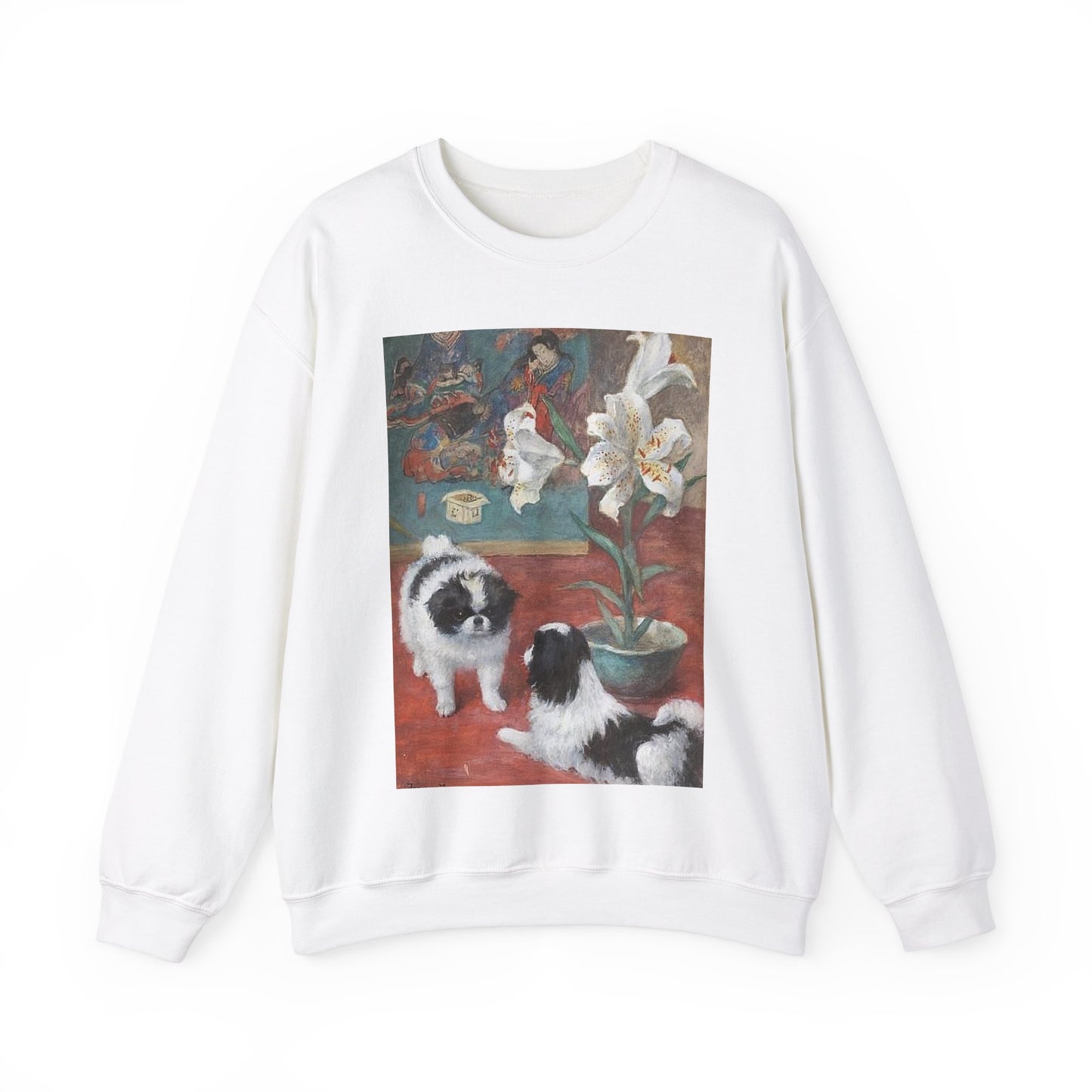 Two Japanese Chins in an interior by Frances C. Fairman White Heavy Blend Adult Crew Neck SweatShirt