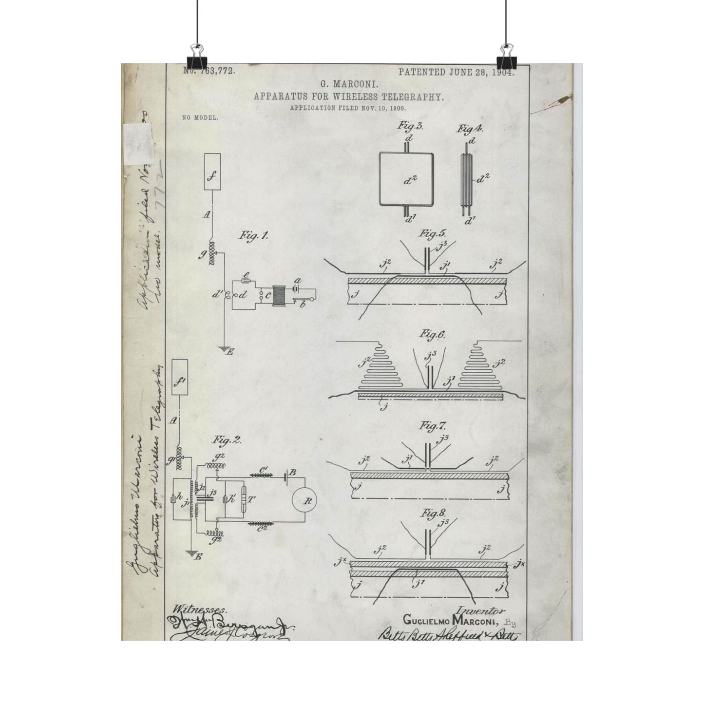 Patent drawing - for G. Marconi's Apparatus for Wireless Telegraphy Public domain image High Quality Matte Wall Art Poster for Home, Office, Classroom