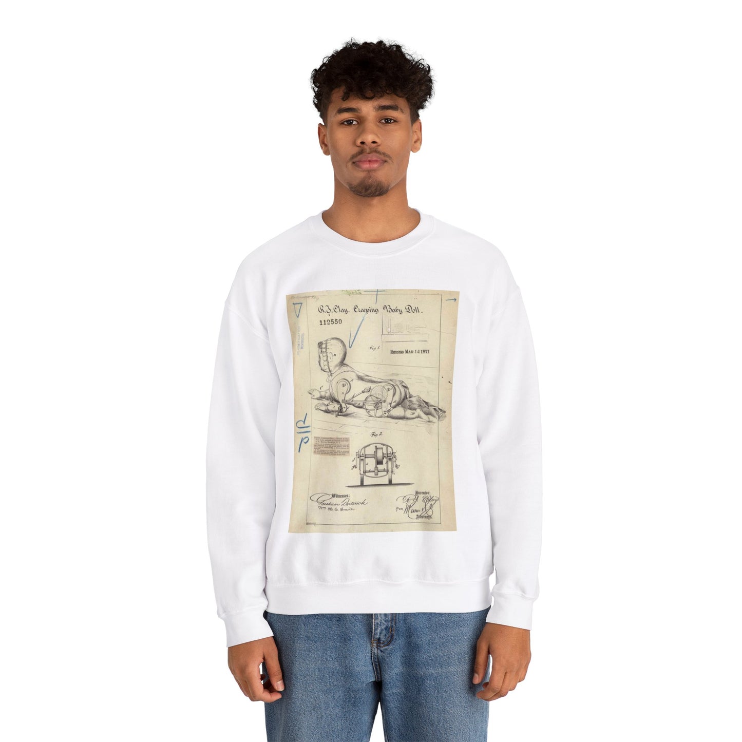 Patent drawing - Drawing of Creeping Baby Doll Public domain image White Heavy Blend Adult Crew Neck SweatShirt