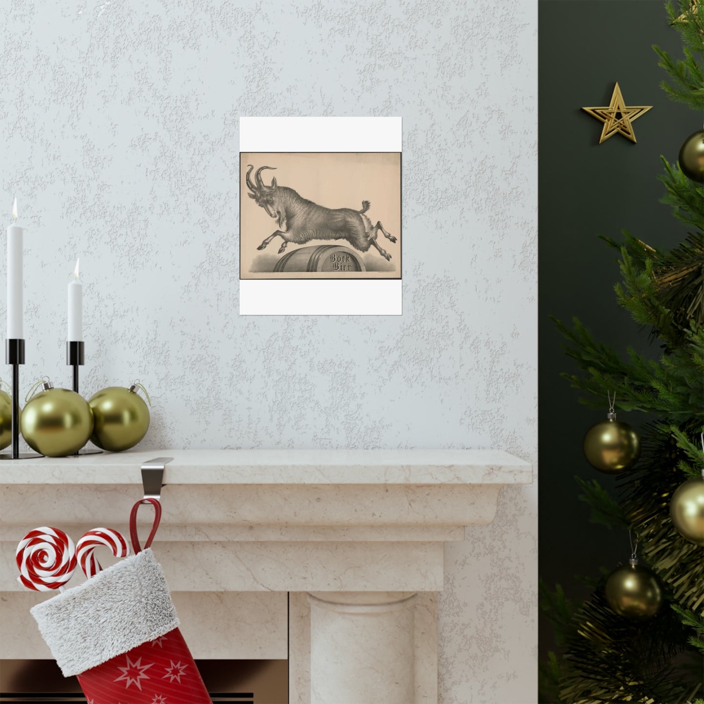 Bock Bier goat jumping over barrel marked with title High Quality Matte Wall Art Poster for Home, Office, Classroom