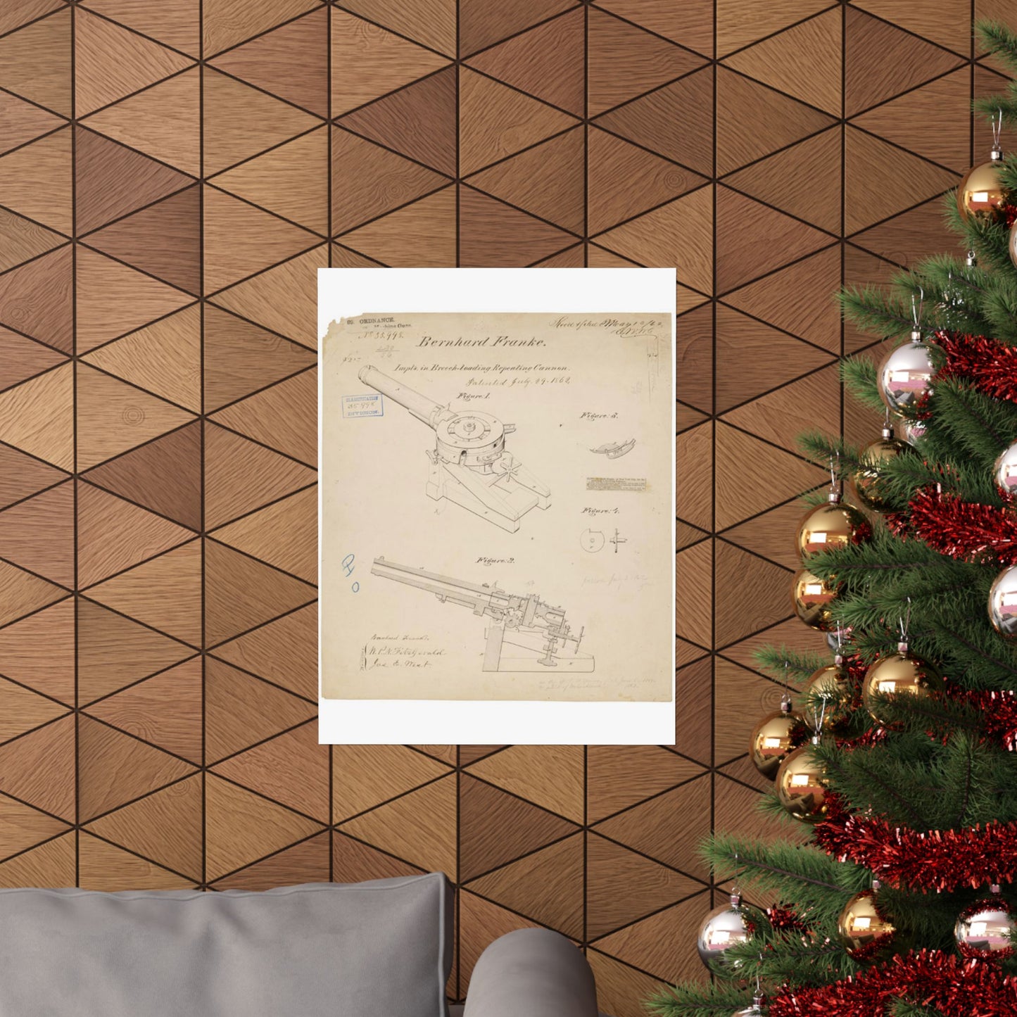 Patent drawing - Drawing of Improvements in Breech-Loading Repeating Cannon Public domain image High Quality Matte Wall Art Poster for Home, Office, Classroom