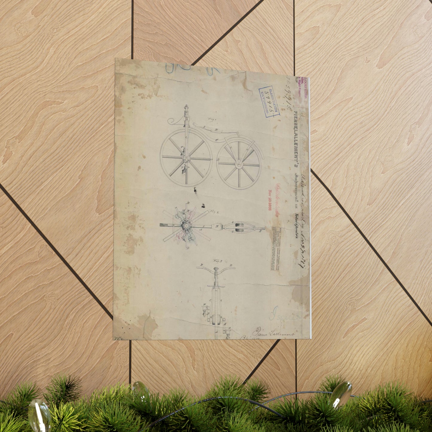 Patent drawing - for Pierre Lallement's Improvement in Velocipedes Public domain image High Quality Matte Wall Art Poster for Home, Office, Classroom