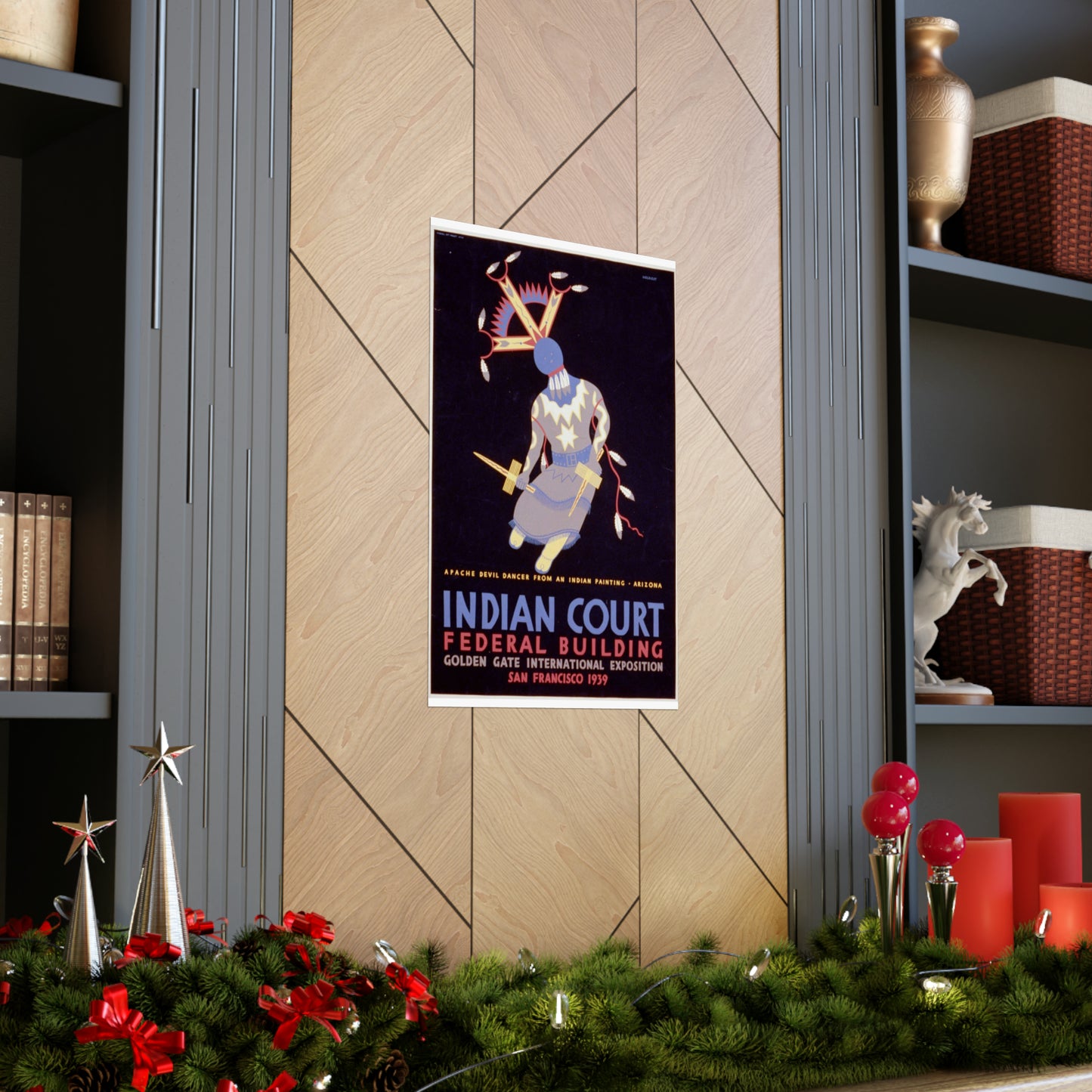 Indian court, Federal Building, Golden Gate International Exposition, San Francisco, 1939 Apache devil dancer from an Indian painting, Arizona / / Siegriest. High Quality Matte Wall Art Poster for Home, Office, Classroom