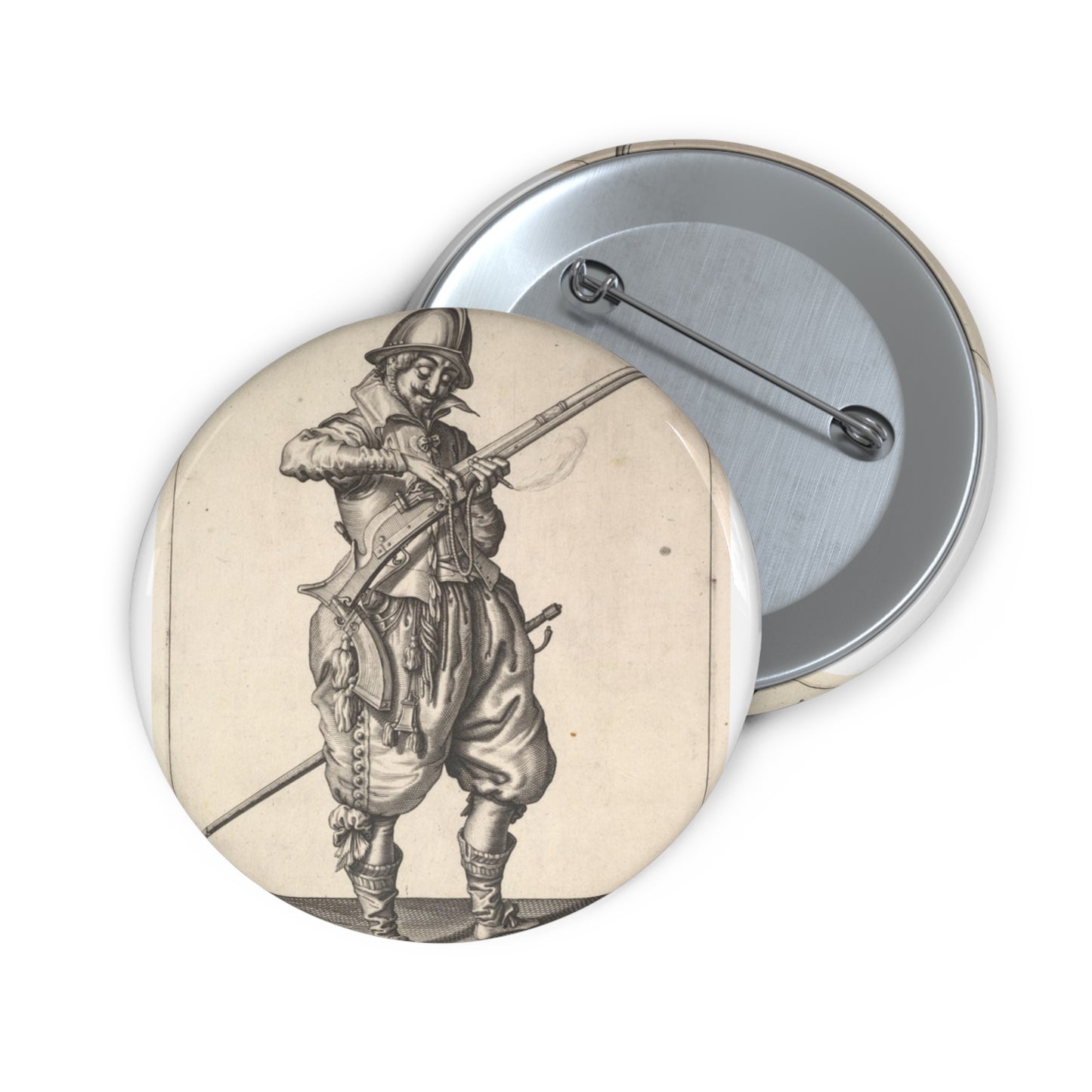 A soldier on guard shaping the match between his thumb and his forefinger, from the Marksmen series, plate 41, in Wapenhandelinghe van Roers Musquetten Ende Spiessen (The Exercise of Arms) Pin Buttons with Crisp Design
