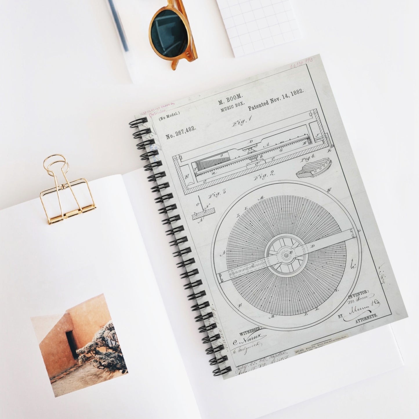 Patent Drawing of Engine - for M. Boom's Music Box Public domain image Spiral Bound Ruled Notebook with Printed Cover