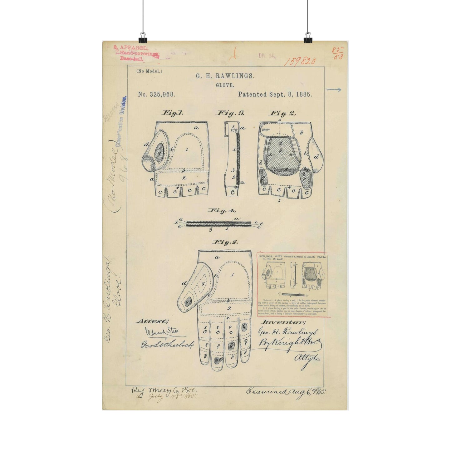 Patent drawing - Drawing for a "Base Ball Glove" Public domain image High Quality Matte Wall Art Poster for Home, Office, Classroom