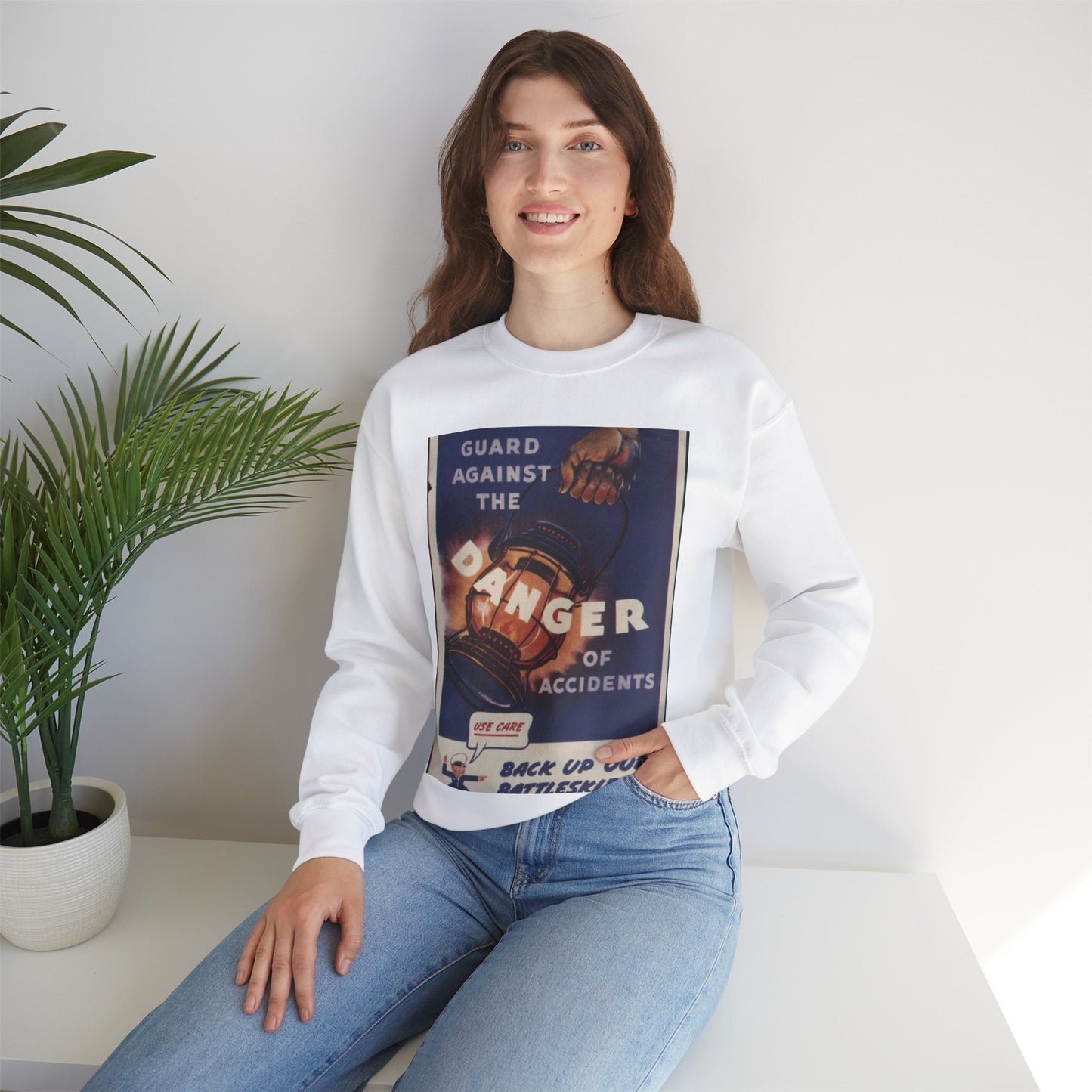 Guard against the danger of accidents. Back up our battleskies^ - NARA - 535358 White Heavy Blend Adult Crew Neck SweatShirt