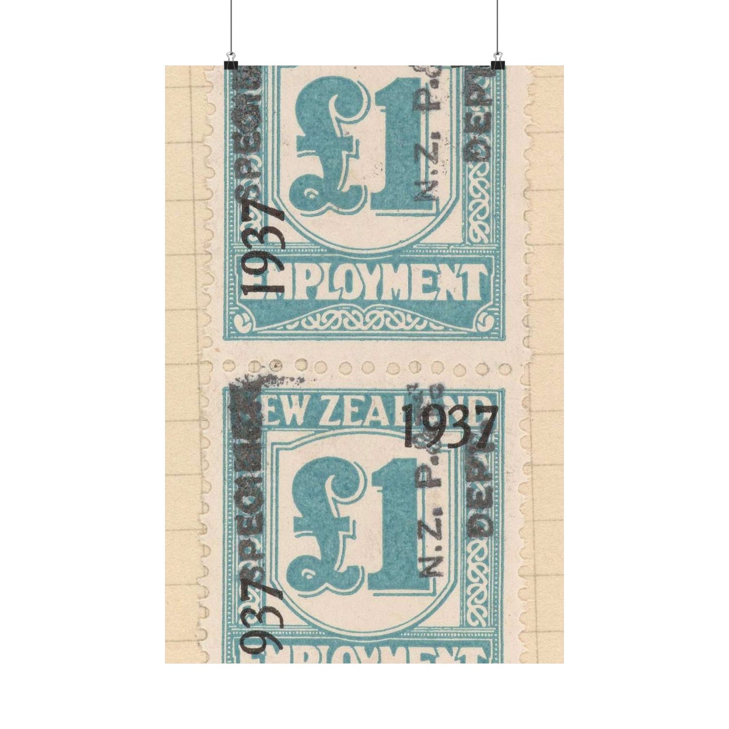 Block of one pound Unemployment Relief stamps overprinted '1937' and 'Specimen' High Quality Matte Wall Art Poster for Home, Office, Classroom