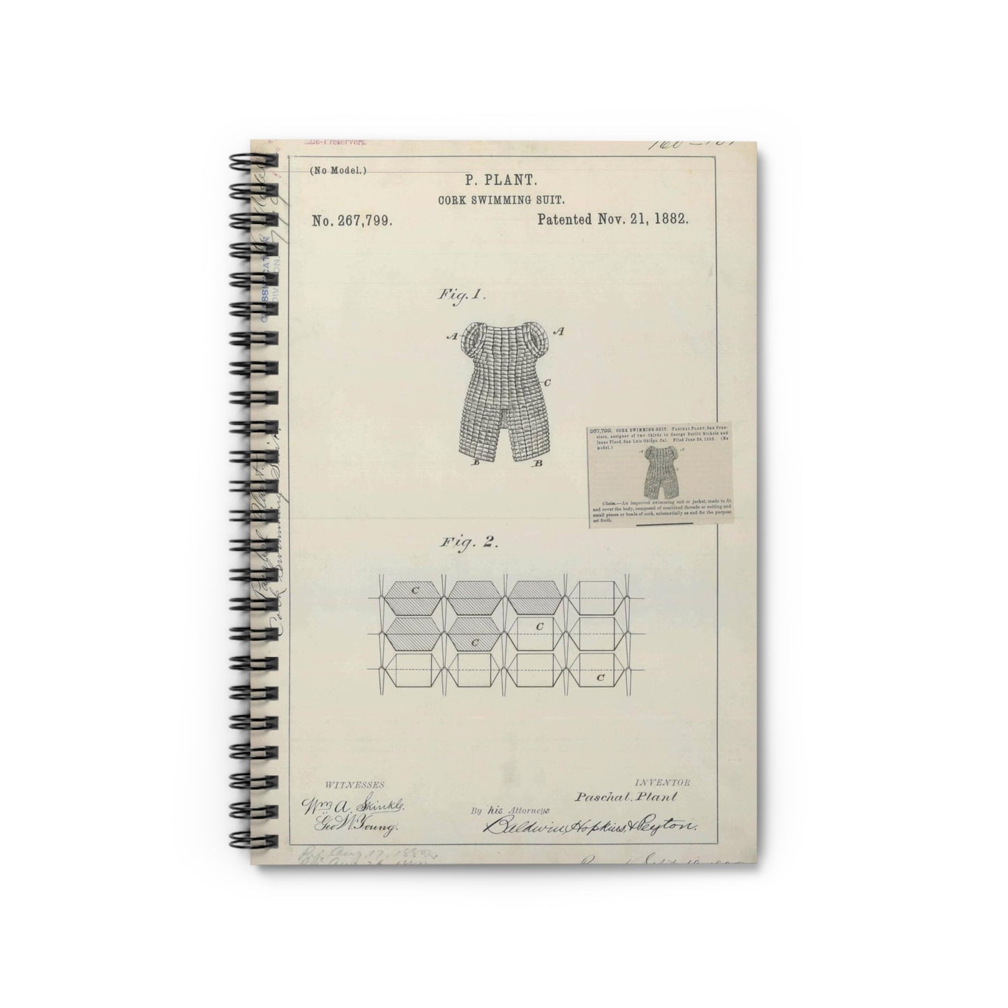 Patent drawing - for P. Plant's Cork Swimming Suit Public domain image Spiral Bound Ruled Notebook with Printed Cover