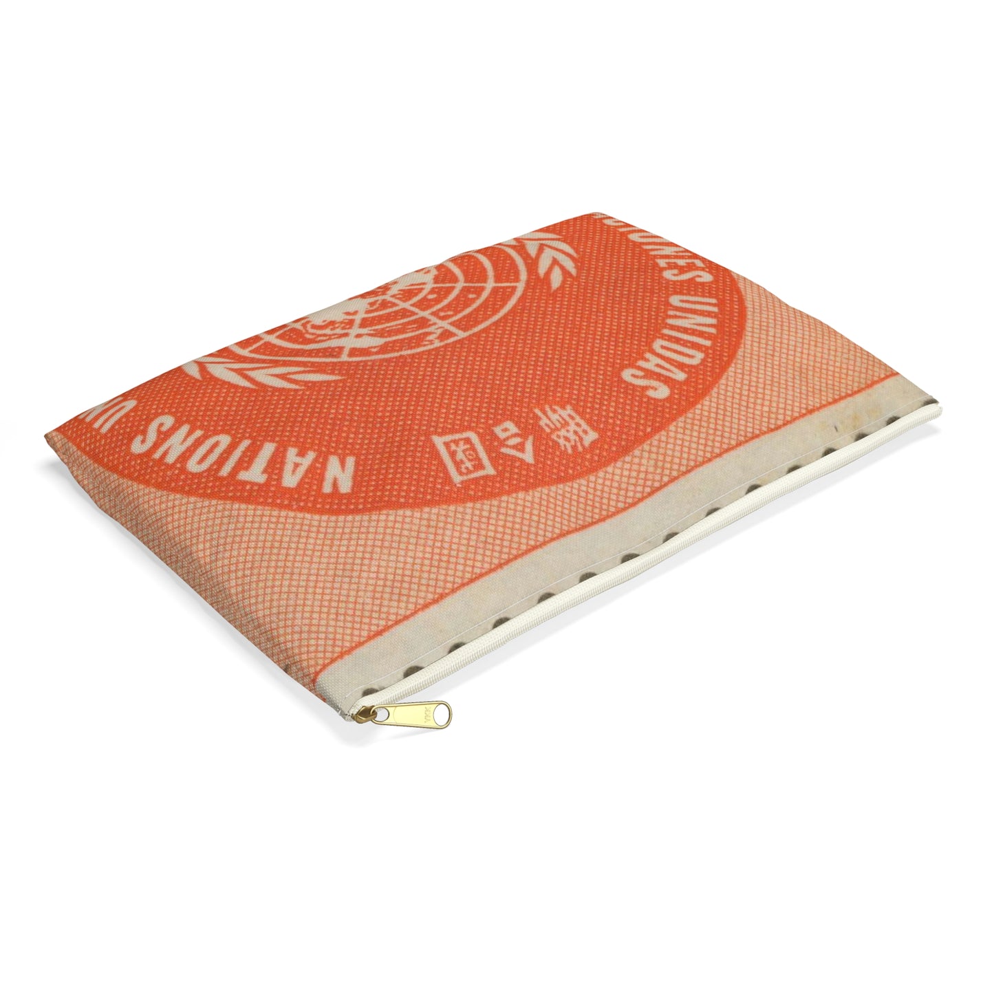 Frimärke ur Gösta Bodmans filatelistiska motivsamling, påbörjad 1950.Frimärke från Nations Unies 1958. Motiv av F. N.- märket. Large Organizer Pouch with Black Zipper