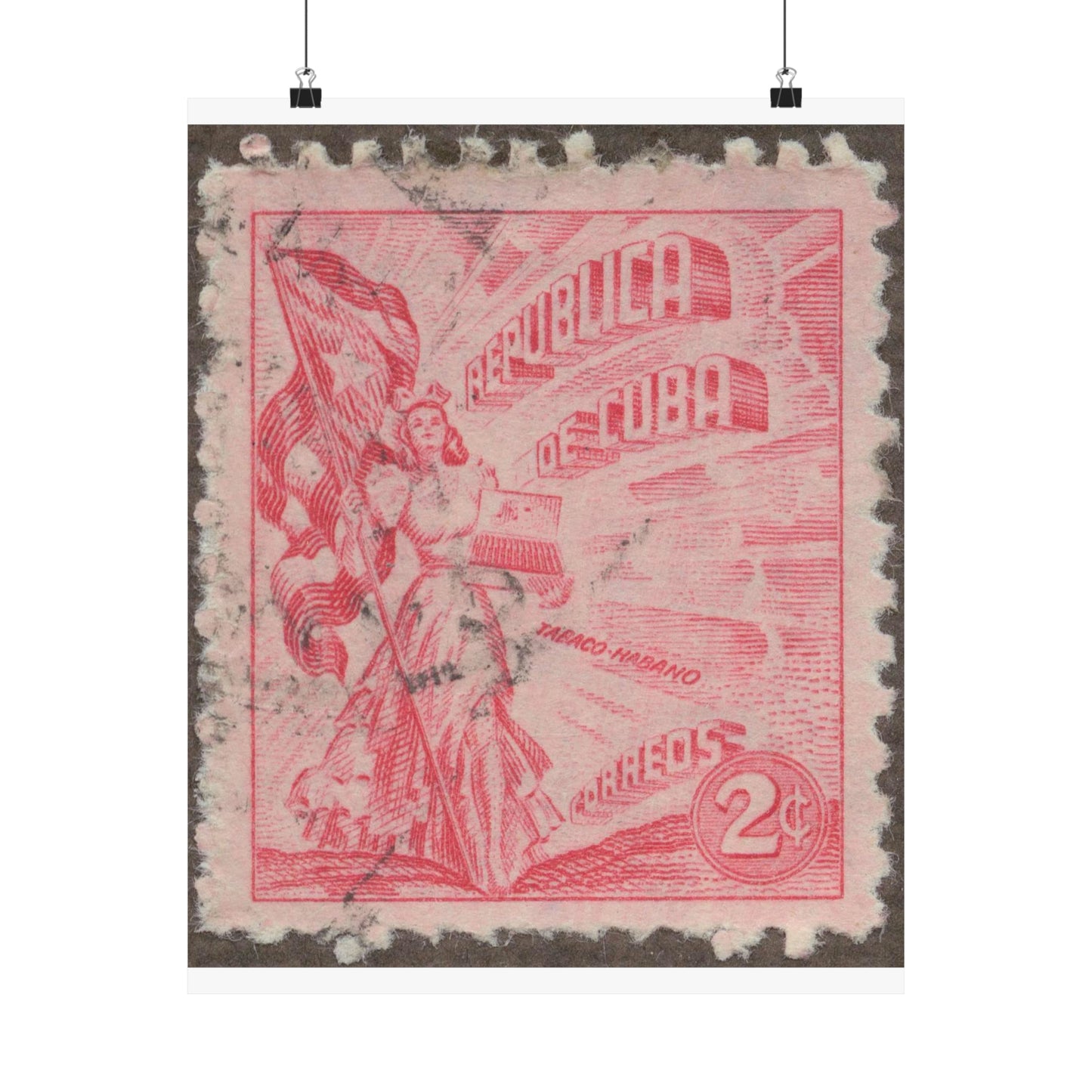 Frimärke ur Gösta Bodmans filatelistiska motivsamling, påbörjad 1950.Frimärke från Cuba, 1948. Motiv av kvinnosymbol för friheten med cigrarrlåda och flagga. High Quality Matte Wall Art Poster for Home, Office, Classroom