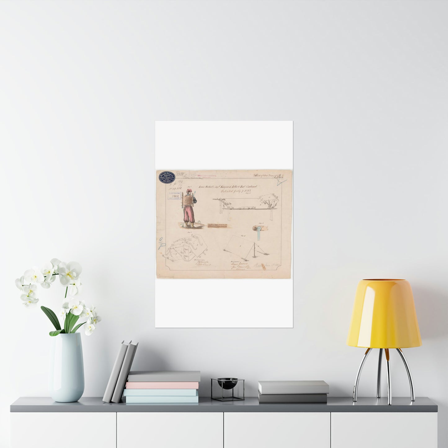 Patent drawing - Drawing of Improved Knapsack, Litter and Tent Combined Public domain image High Quality Matte Wall Art Poster for Home, Office, Classroom
