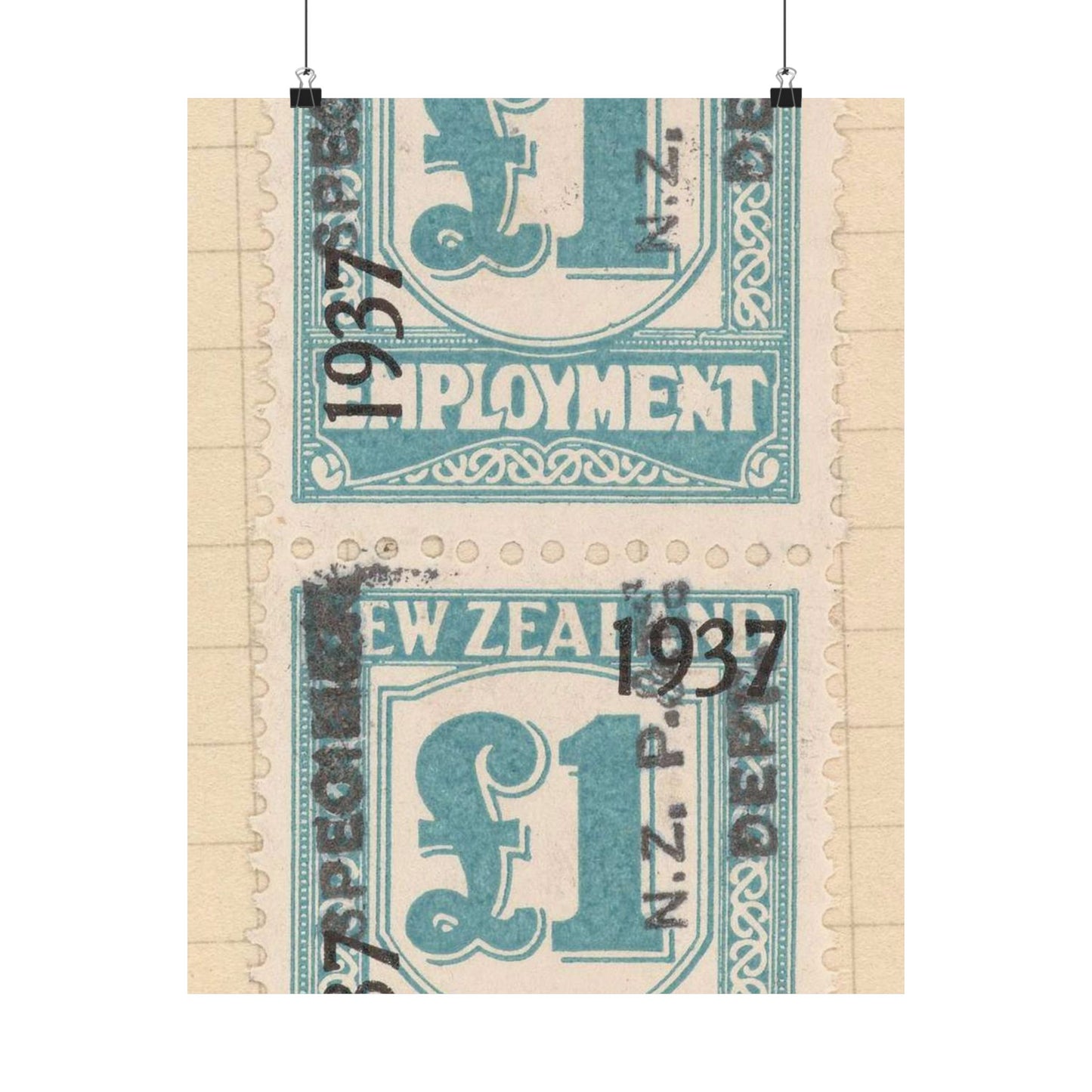 Block of one pound Unemployment Relief stamps overprinted '1937' and 'Specimen' High Quality Matte Wall Art Poster for Home, Office, Classroom