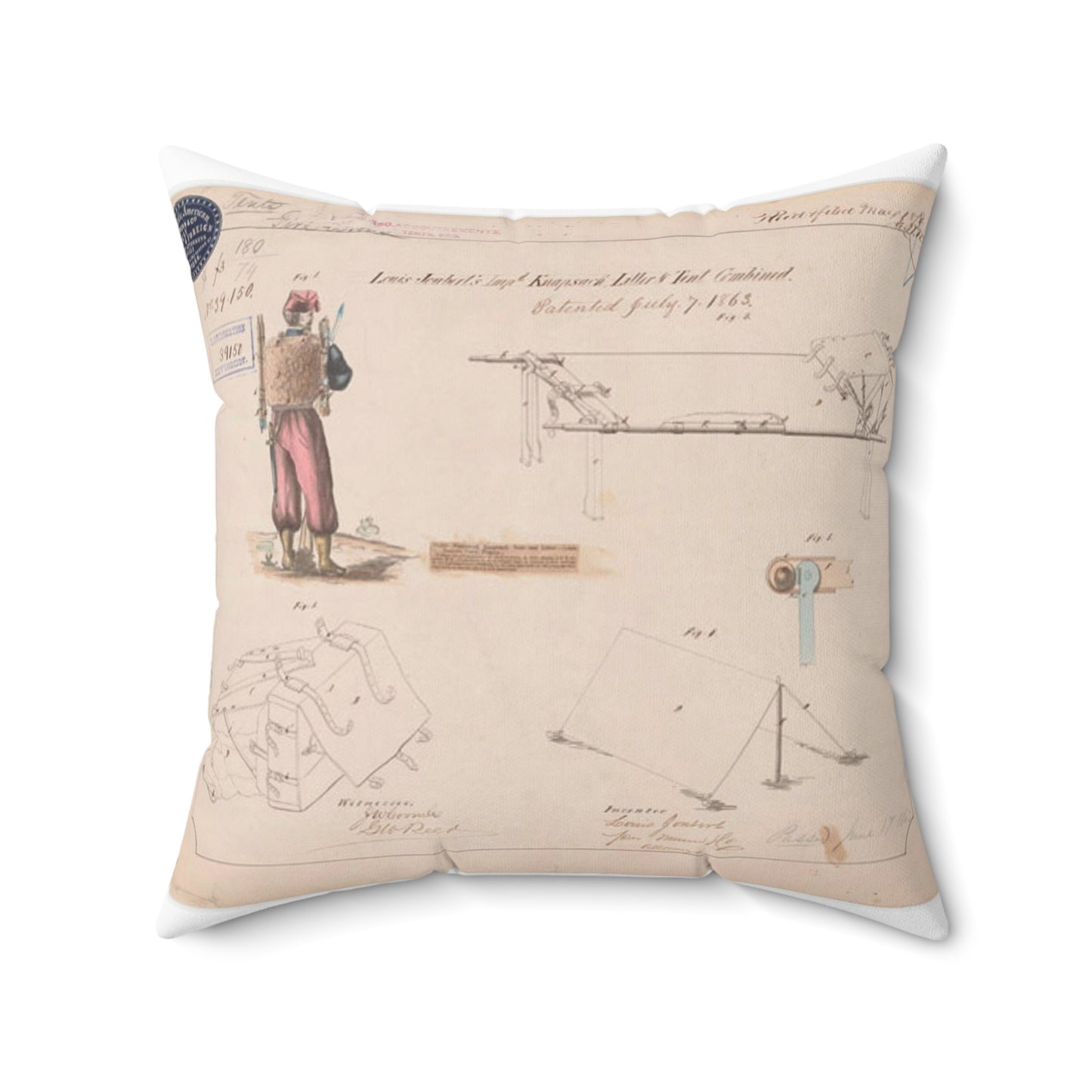 Patent drawing - Drawing of Improved Knapsack, Litter and Tent Combined Public domain image Decorative Accent Square Pillow