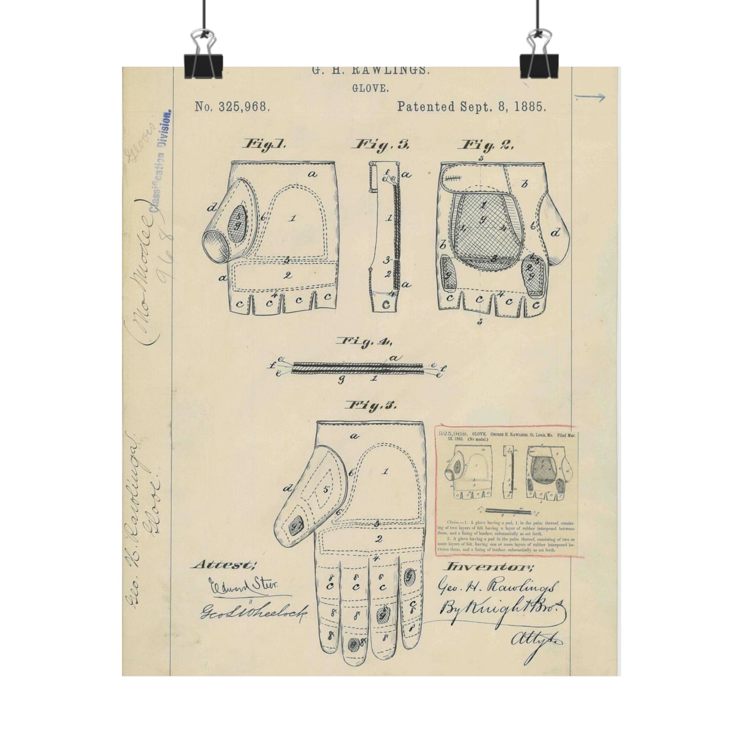 Patent drawing - Drawing for a "Base Ball Glove" Public domain image High Quality Matte Wall Art Poster for Home, Office, Classroom