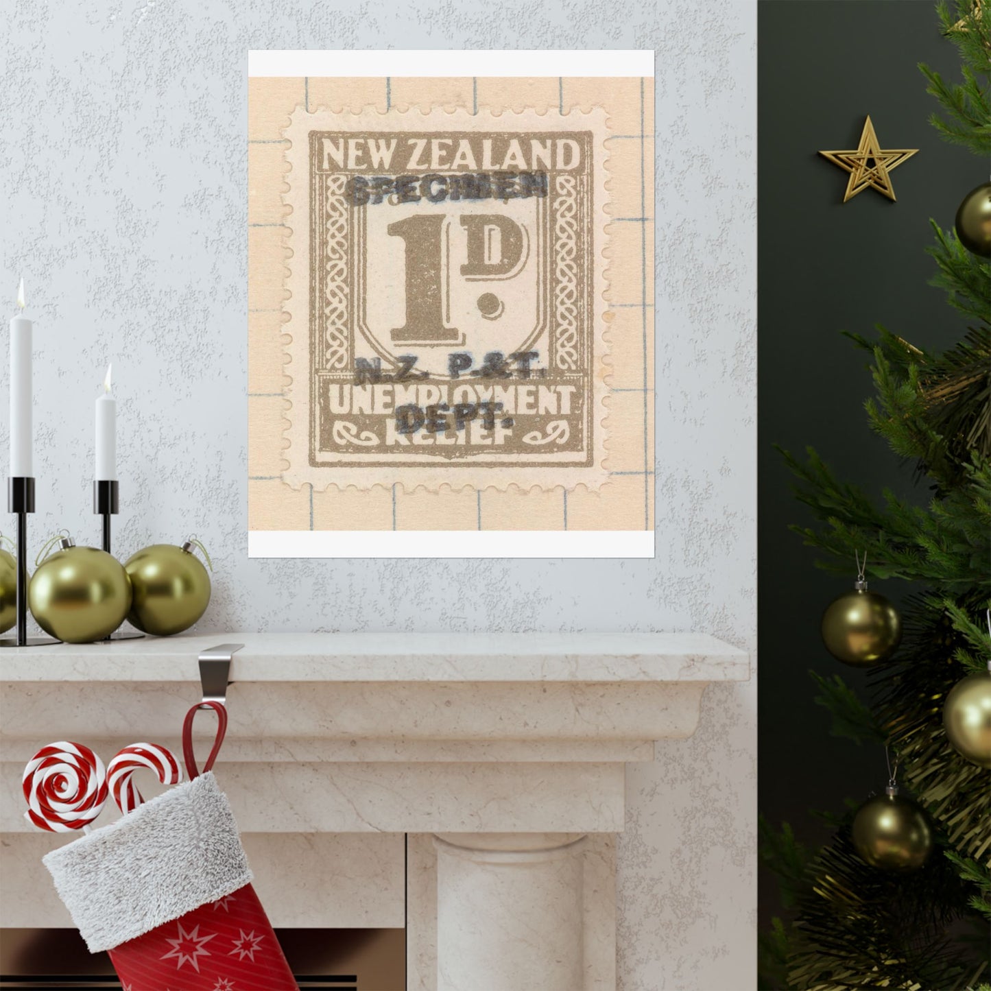 One penny Unemployment Relief stamp overprinted 'Specimen' High Quality Matte Wall Art Poster for Home, Office, Classroom