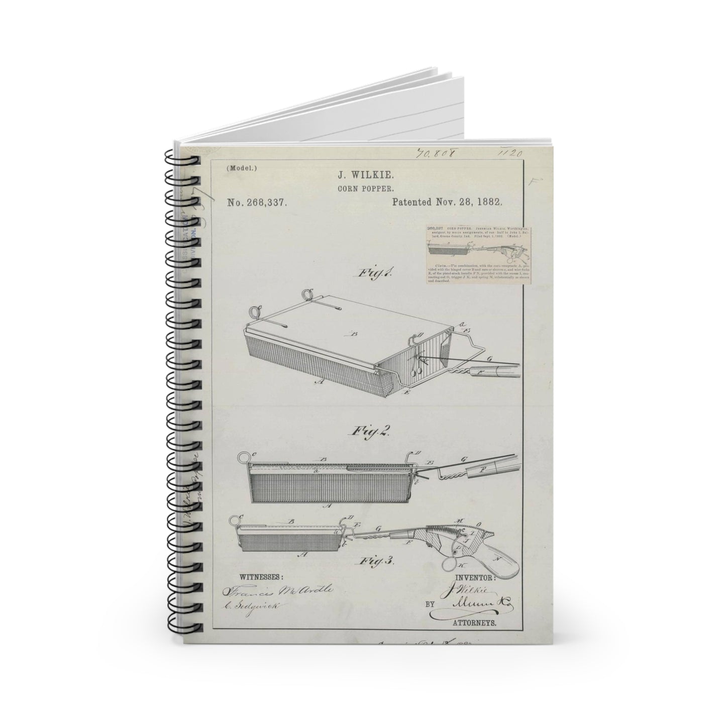 Patent Drawing of Engine - for J. Wilkie's Corn Popper Public domain image Spiral Bound Ruled Notebook with Printed Cover