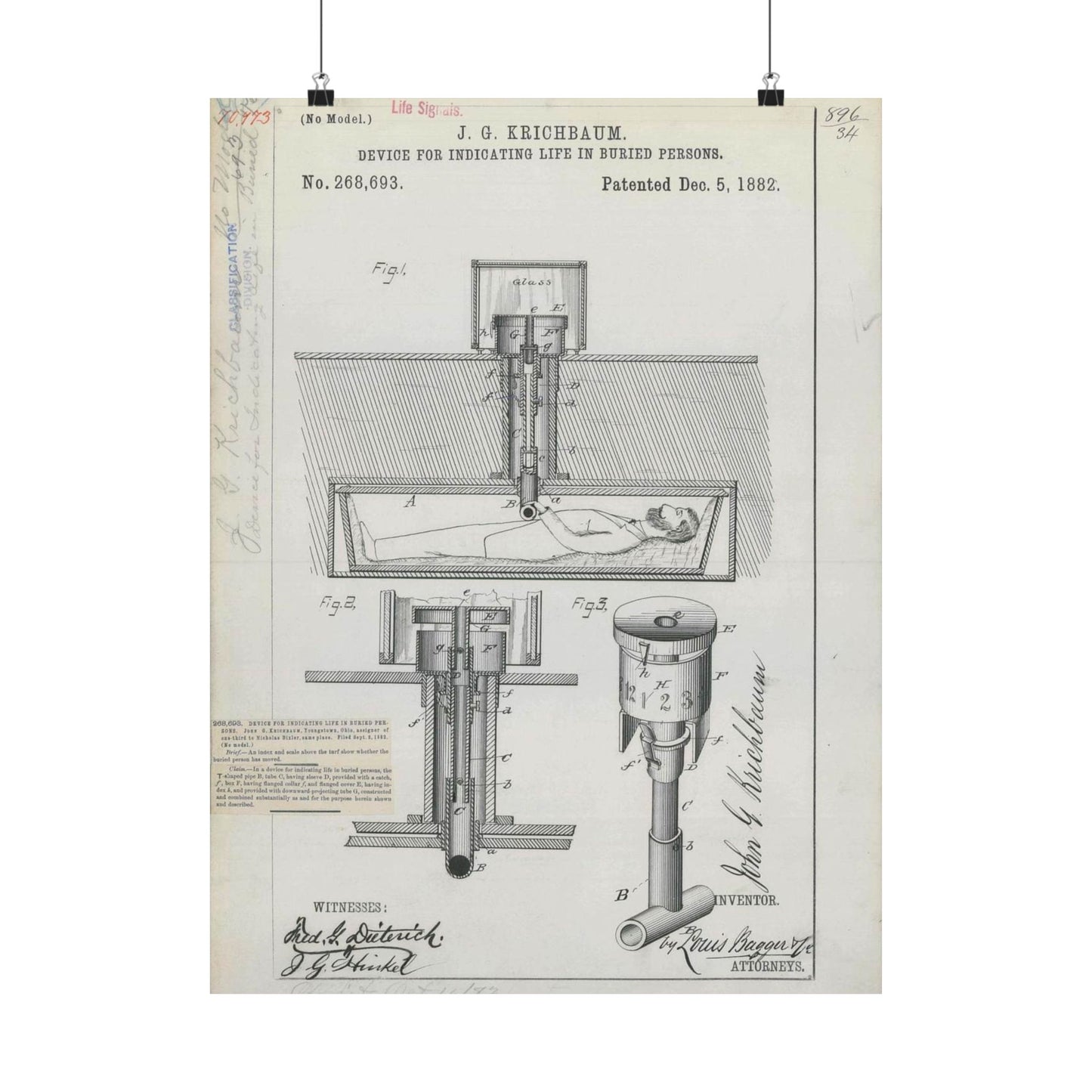 Patent drawing - for J. G. Krichbaum's Device for Indicating Life in Buried Persons Public domain image High Quality Matte Wall Art Poster for Home, Office, Classroom
