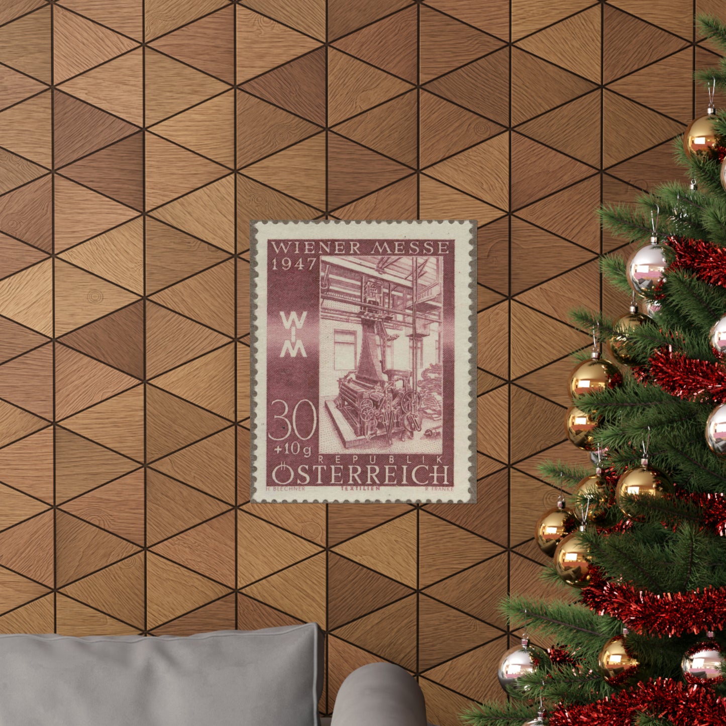Frimärke ur Gösta Bodmans filatelistiska motivsamling, påbörjad 1950.Frimärke från Österrike, 1947. Motiv av jacquardvävstol i Österrike 1947. "Wienermässan 1947" High Quality Matte Wall Art Poster for Home, Office, Classroom