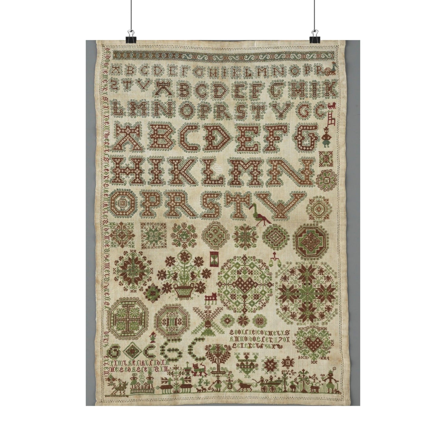 Signed and Dated Linen Sampler with Silk Embroidery High Quality Matte Wall Art Poster for Home, Office, Classroom