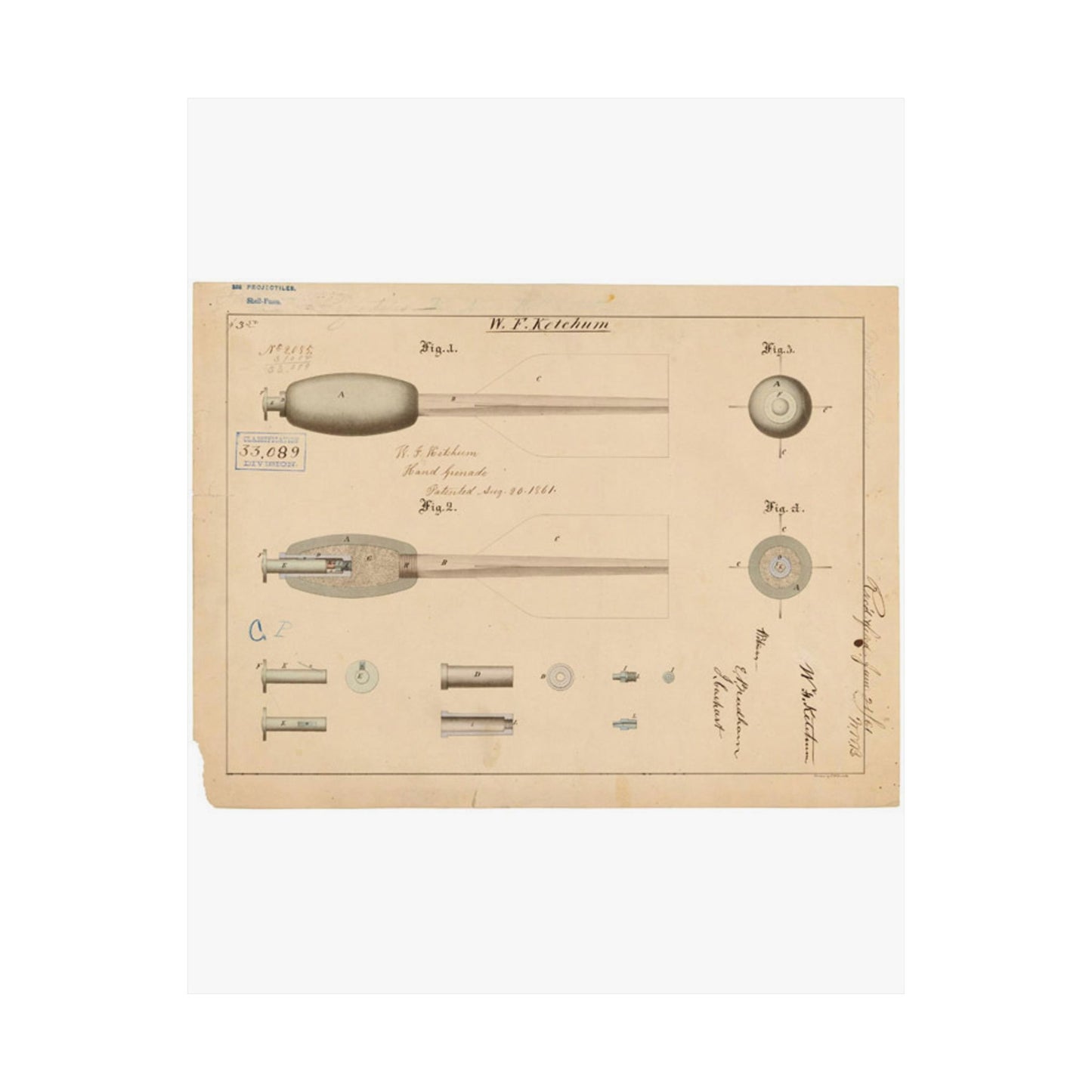 Patent Drawing of Engine - Drawing of Hand Grenade Public domain image High Quality Matte Wall Art Poster for Home, Office, Classroom