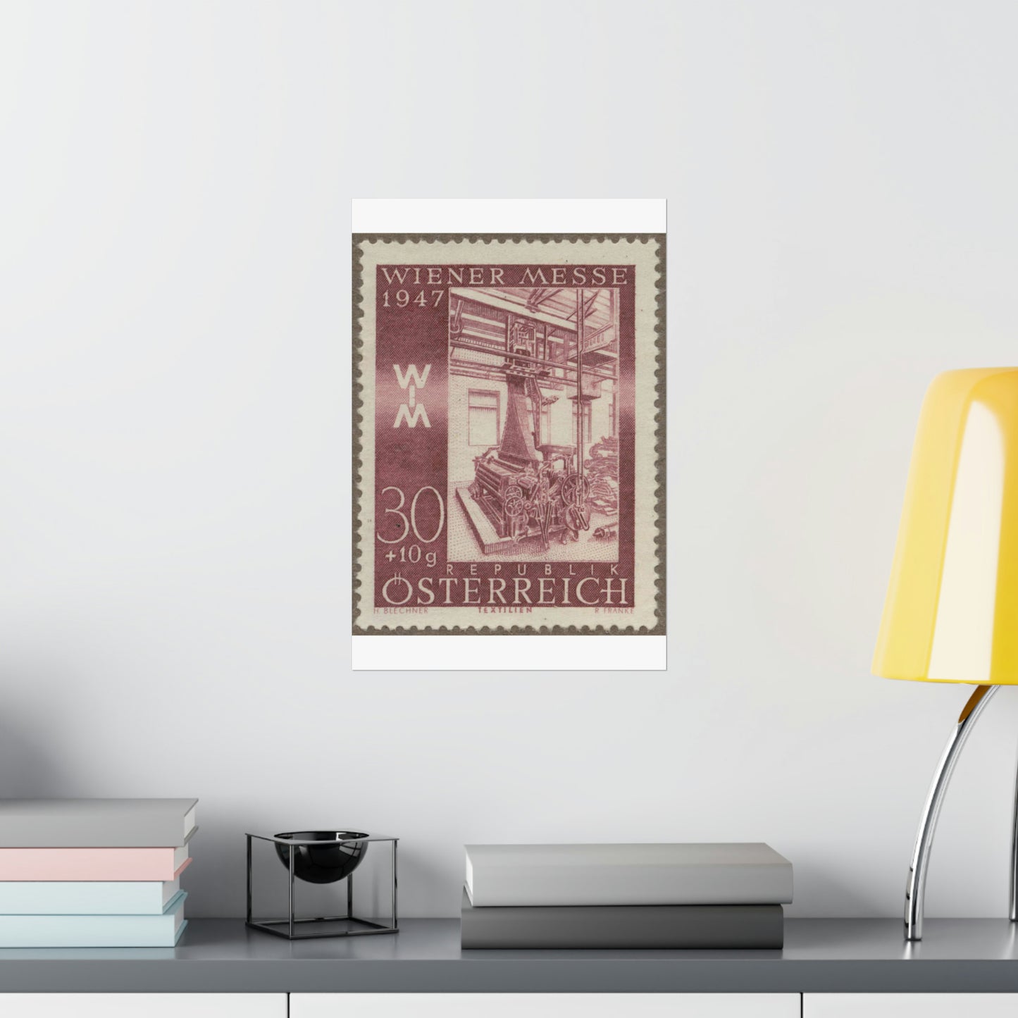 Frimärke ur Gösta Bodmans filatelistiska motivsamling, påbörjad 1950.Frimärke från Österrike, 1947. Motiv av jacquardvävstol i Österrike 1947. "Wienermässan 1947" High Quality Matte Wall Art Poster for Home, Office, Classroom