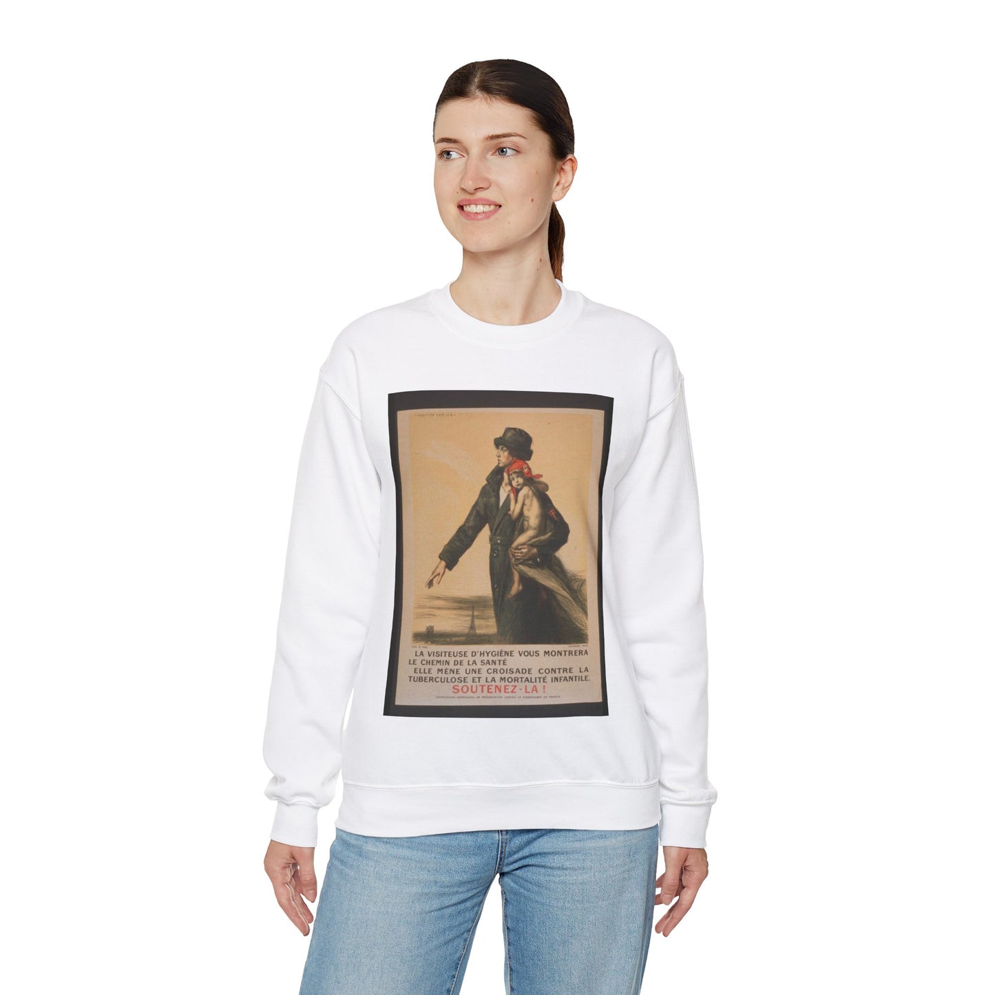 La visiteuse d'hygiéne vous montrera le chemin de la santé. Elle mène une croisade contre la tuberculose et la mortalité infantile. Soutenez-la! White Heavy Blend Adult Crew Neck SweatShirt