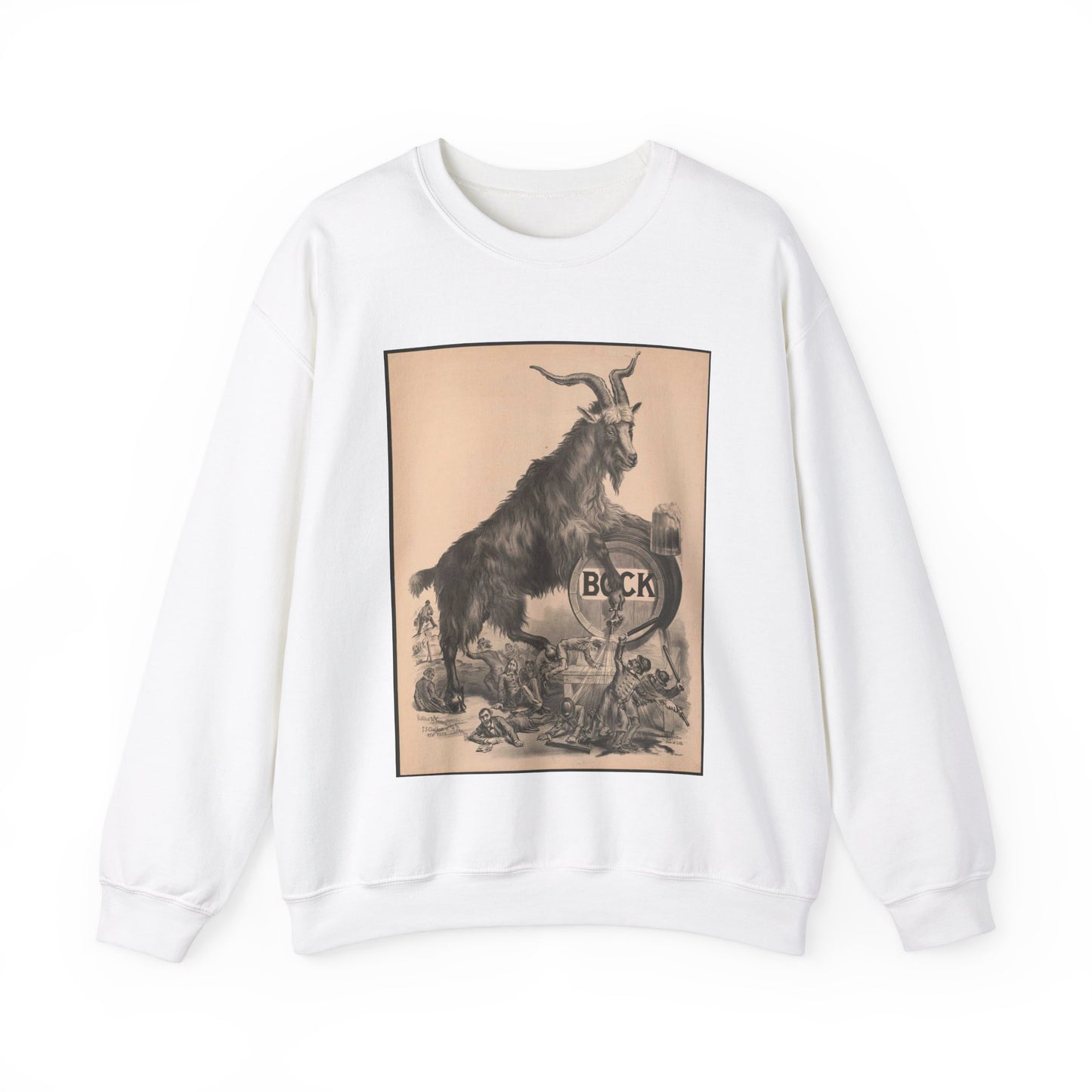 Giant bock goat resting on a keg, holding a mug of beer, men under the goat scrambling White Heavy Blend Adult Crew Neck SweatShirt
