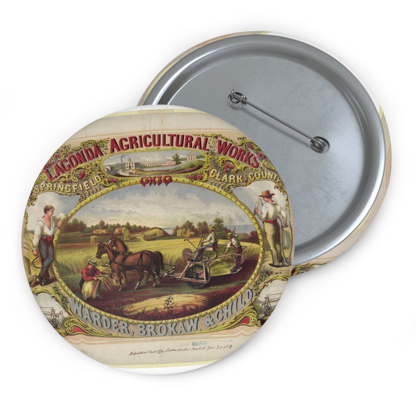 Lagonda Agricultural Works, Springfield, Clark County, Ohio, Warder, Brokaw & Child / E. Forbes, del. ; lith. of G.W. Lewis, N.Y. Pin Buttons with Crisp Design