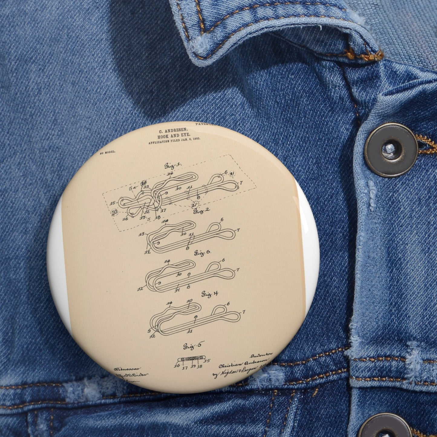 Patent drawing - for a Hook and Eye Fastener Public domain image Pin Buttons with Crisp Design