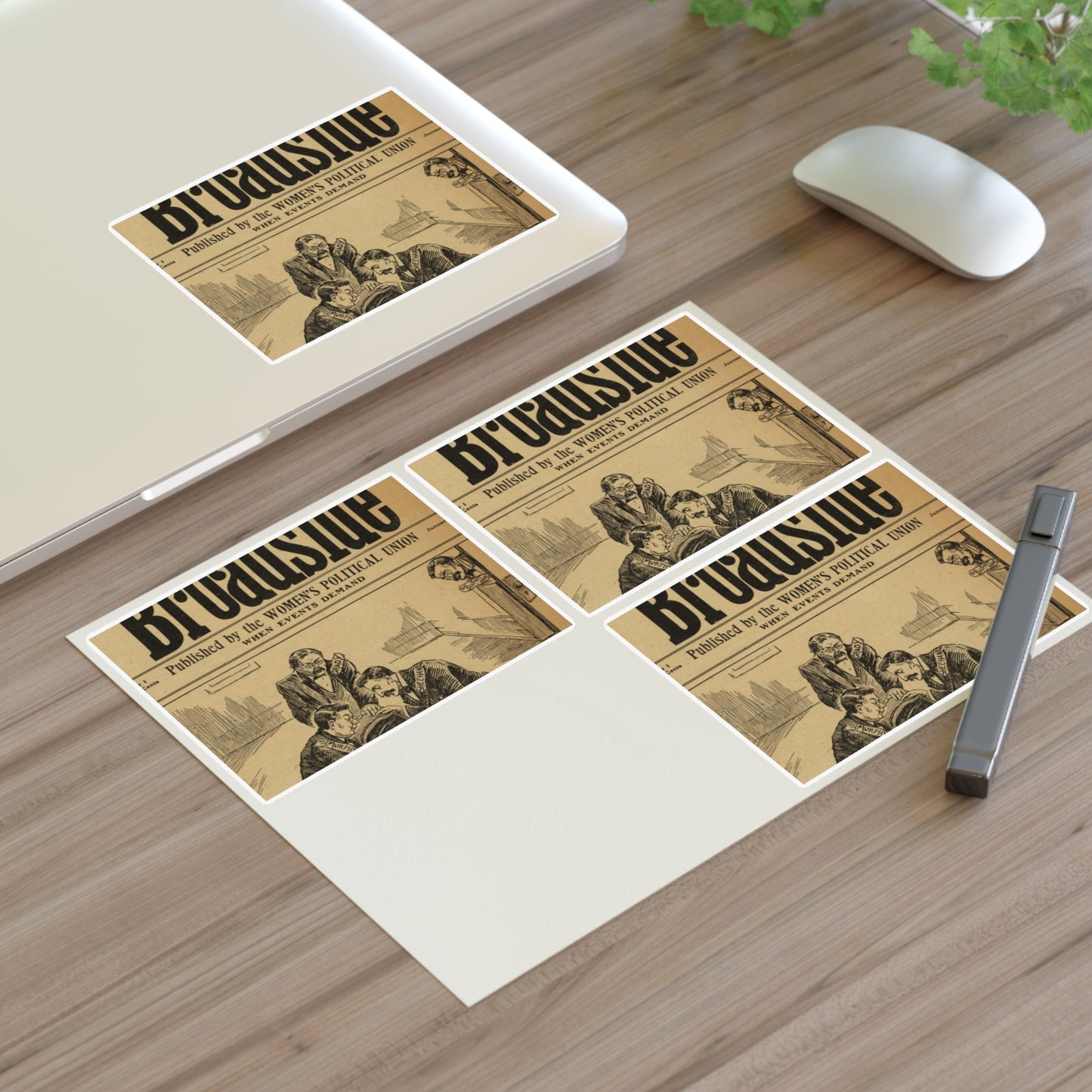 Votes for Women Broadside with graphic of men rocking cradle Laminated UV Protective Vinyl Stickers
