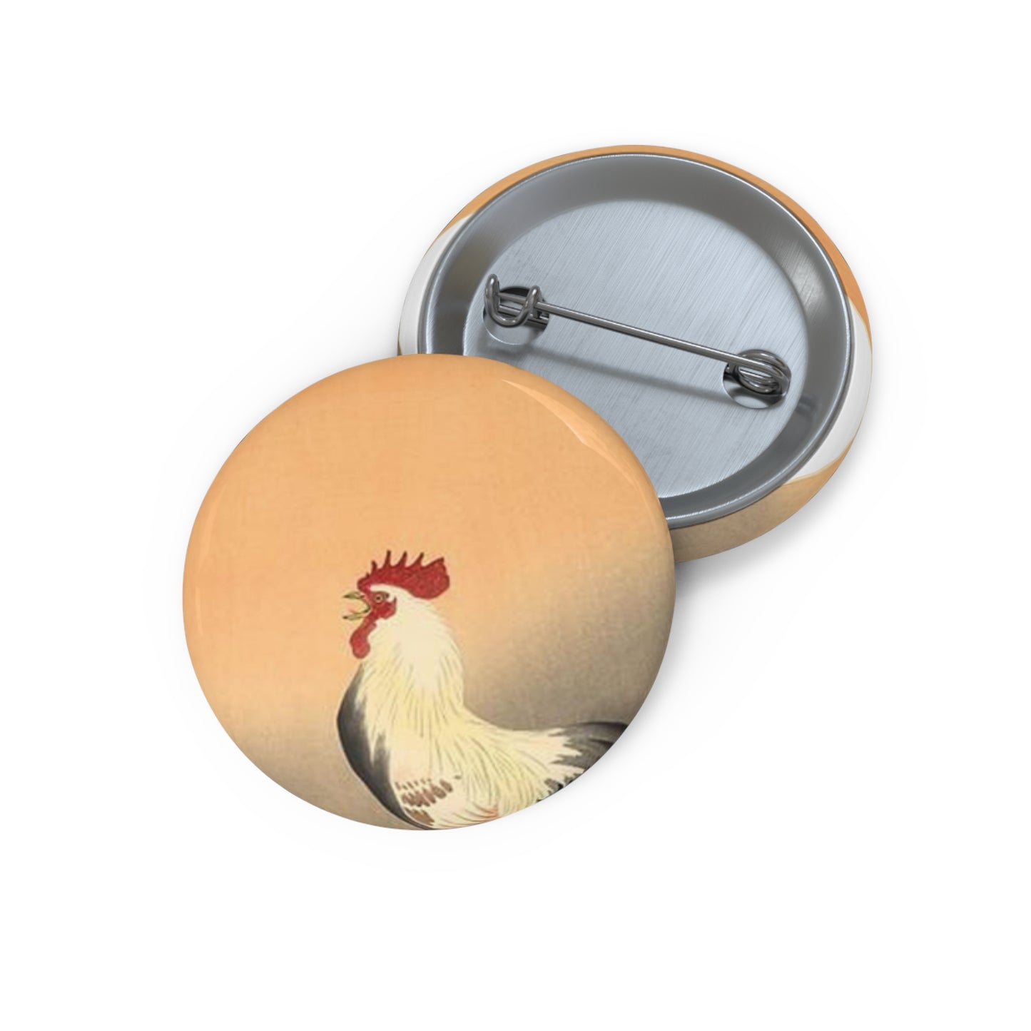 Koson - rooster-and-hen-at-sunrise, Ohara Koson Pin Buttons with Crisp Design